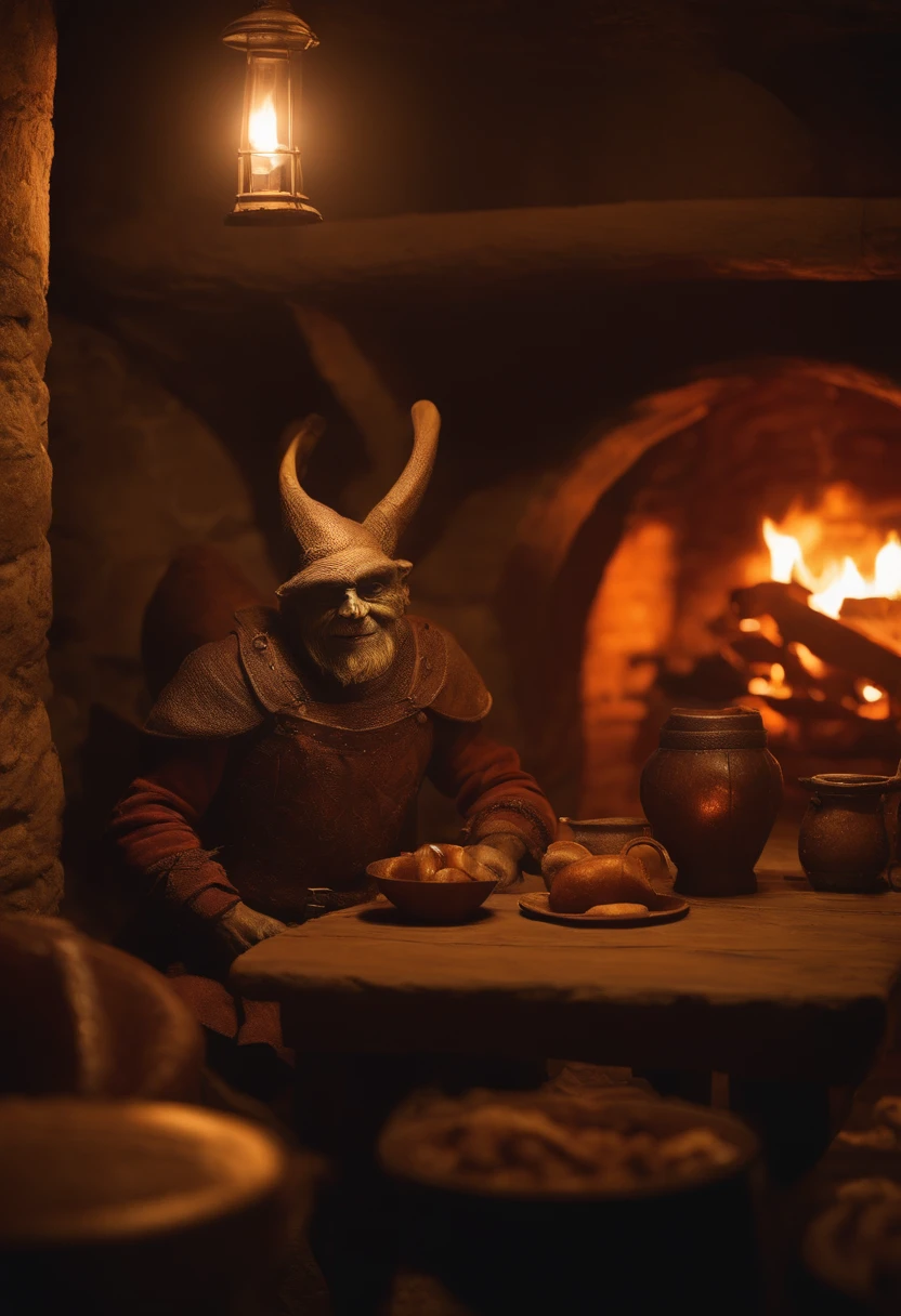 goblin en una taberna medieval, en la imagen se ve a un mago y a varios enanos, unica iluminacion, la calida luz de una chimenea