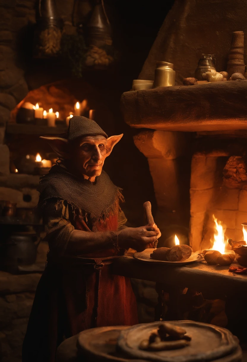 goblin en una taberna medieval, en la imagen se ve a un mago y a varios enanos, unica iluminacion, la calida luz de una chimenea