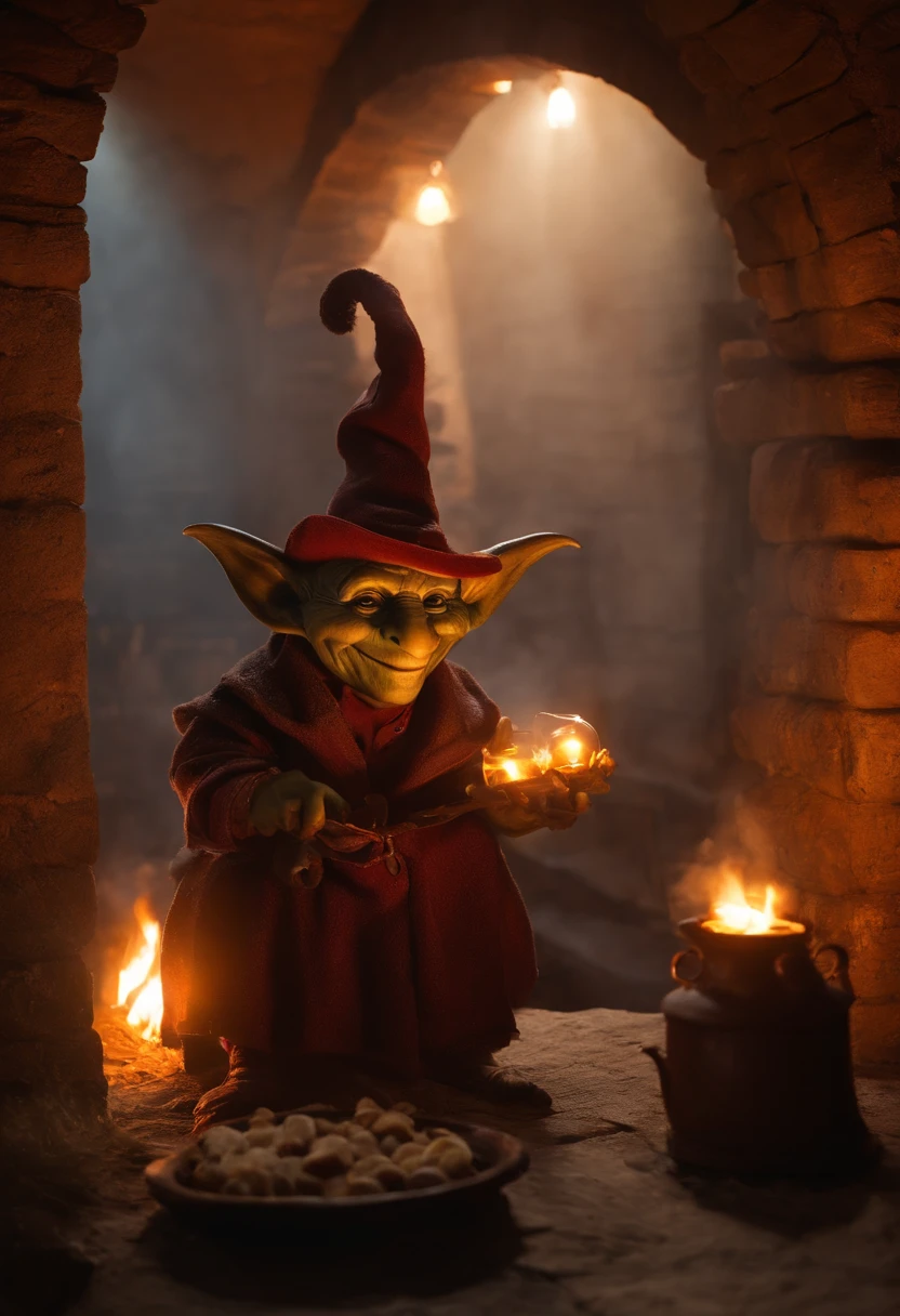 goblin en una taberna medieval, en la imagen se ve a un mago y a varios enanos, unica iluminacion, la calida luz de una chimenea