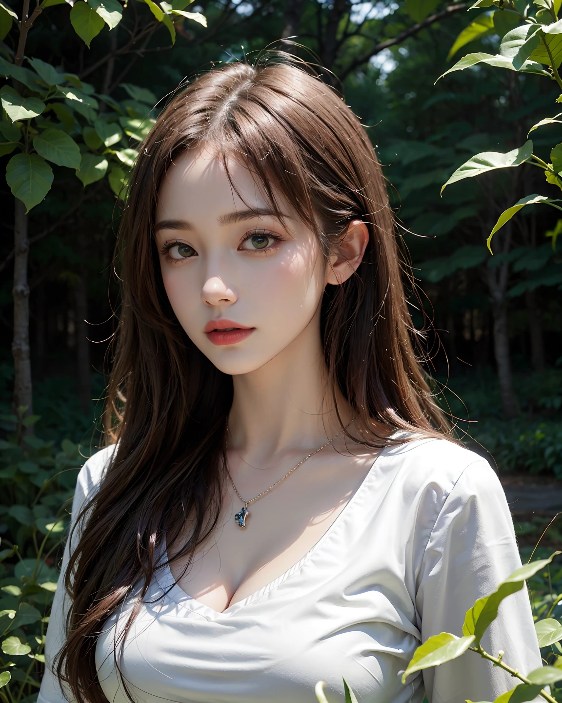 druid girl, magical forest, cleavage, leather dress, detailed face