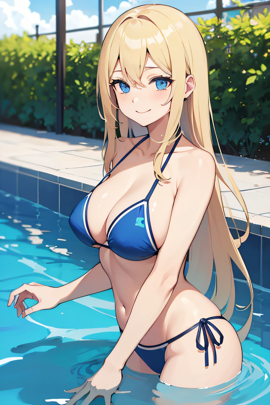 1woman, long blond hair, blue eyes, shy, smiling, wearing blue bikini, swimming, pool