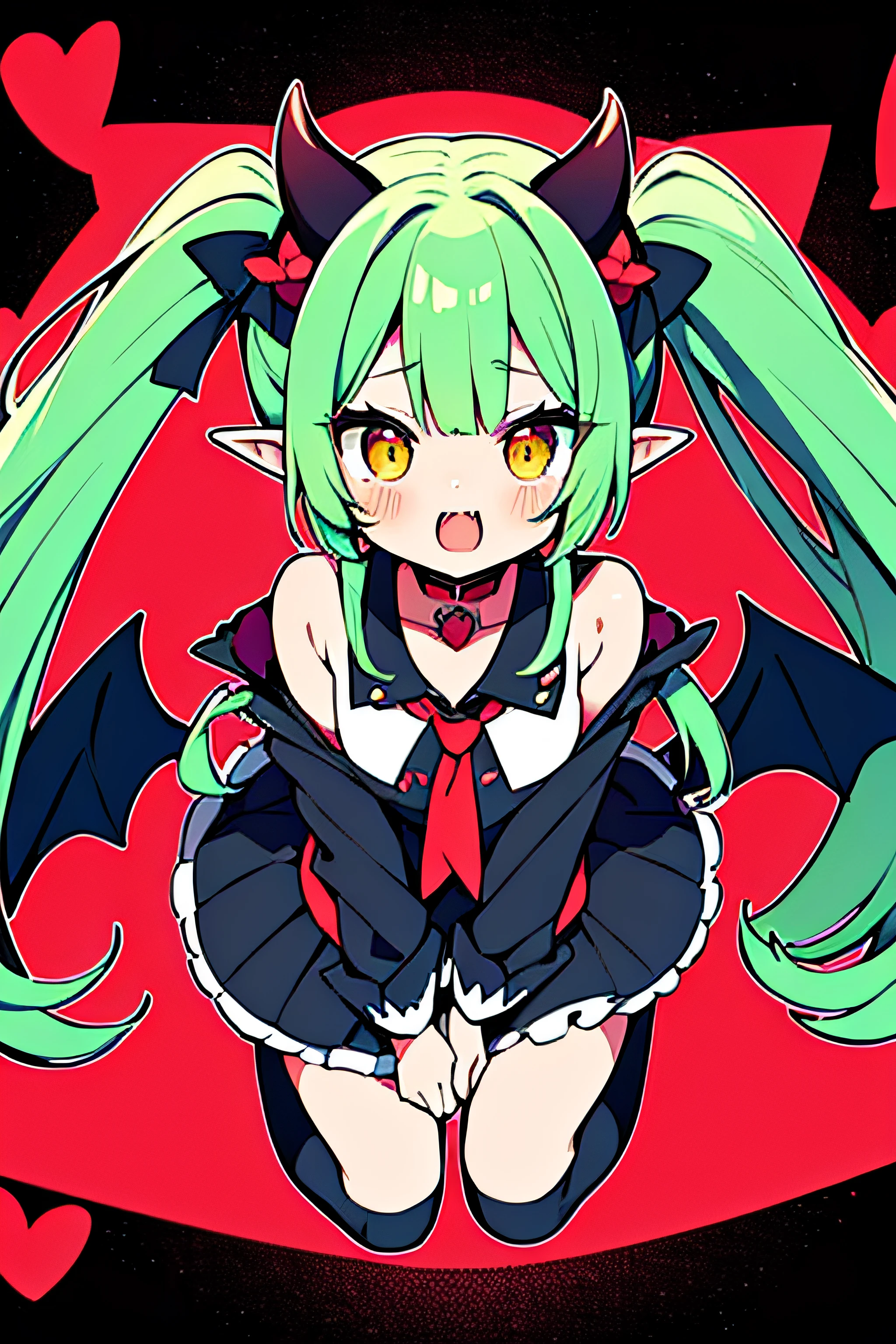 Devil girl with green twin tails and small horns、Cat's eyes and elven ears、Double-toothed tsundere girl with Sephiroth wings on her back、having clothes are worn、Full body flame tattoo、Fallen Angel、Demons