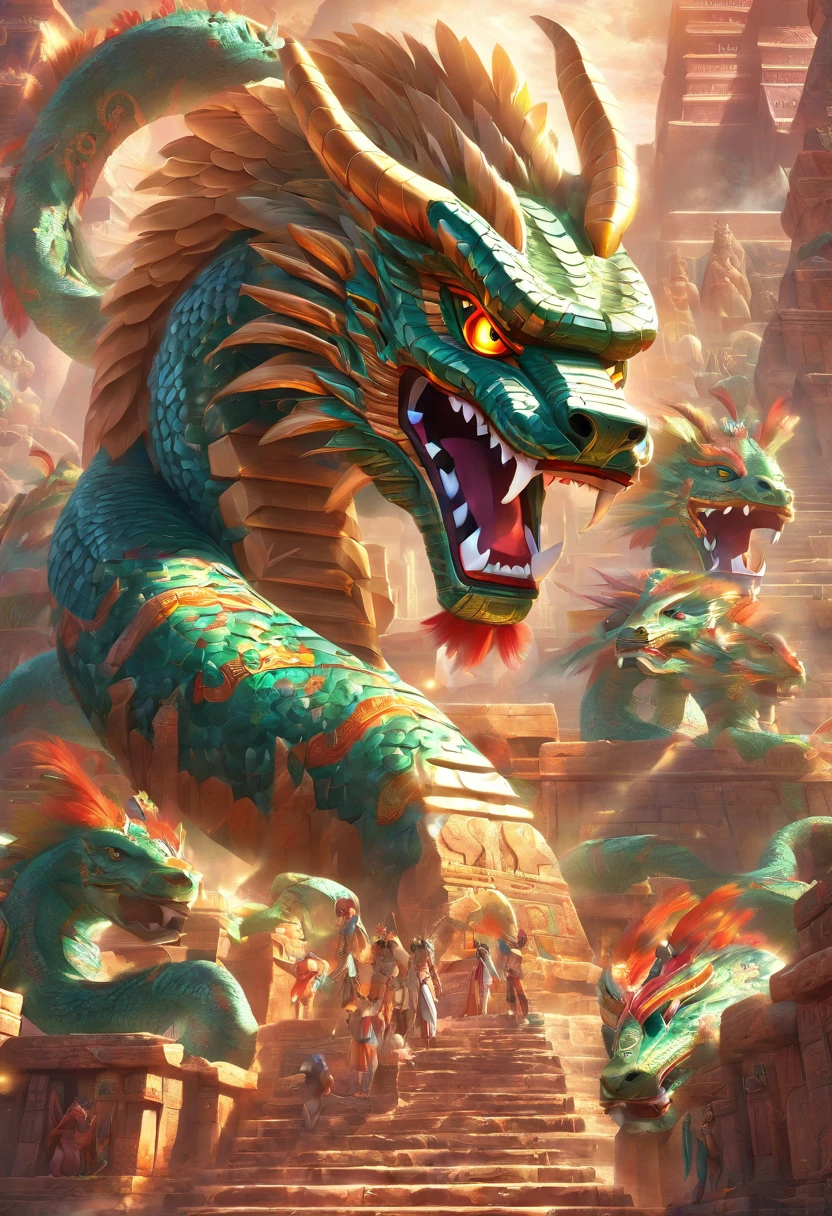 (((Feathered Serpent)))best quality, ultra-high resolution, 4K detailed CG, master piece, Kukulcan, Mayan God, Mayan pyramid, serpent, feathers, Mayan clothing, Mayan mythology, desert, sunlight, ((feathers colorful)) Mexico, aesthetics, Beautiful image, centered on the screen