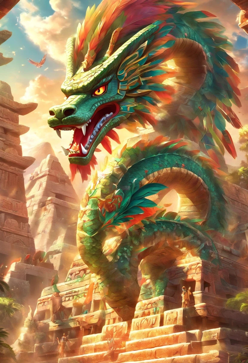(((Feathered Serpent)))best quality, ultra-high resolution, 4K detailed CG, master piece, Kukulcan, Mayan God, Mayan pyramid, serpent, feathers, Mayan clothing, Mayan mythology, desert, sunlight, ((feathers colorful)) Mexico, aesthetics, Beautiful image, centered on the screen