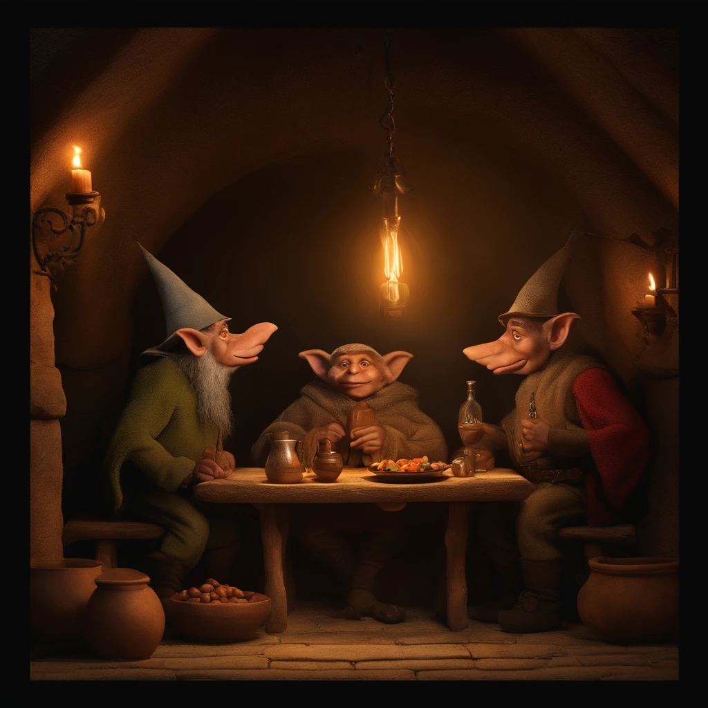goblin en una taberna medieval, junto a un mago anciano y dos enanos, unica iluminacion, la calida luz de una chimenea