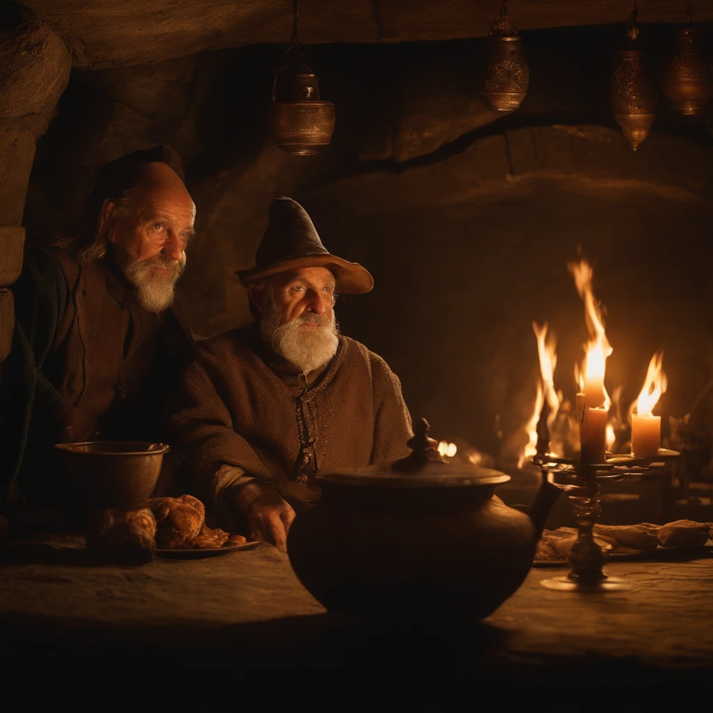 goblin en una taberna medieval, junto a un mago anciano y dos enanos, unica iluminacion, la calida luz de una chimenea