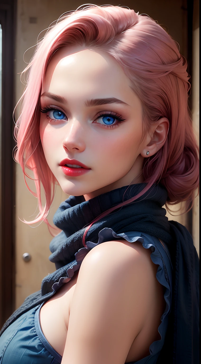 A close up of a woman with pink hair and blue eyes - SeaArt AI