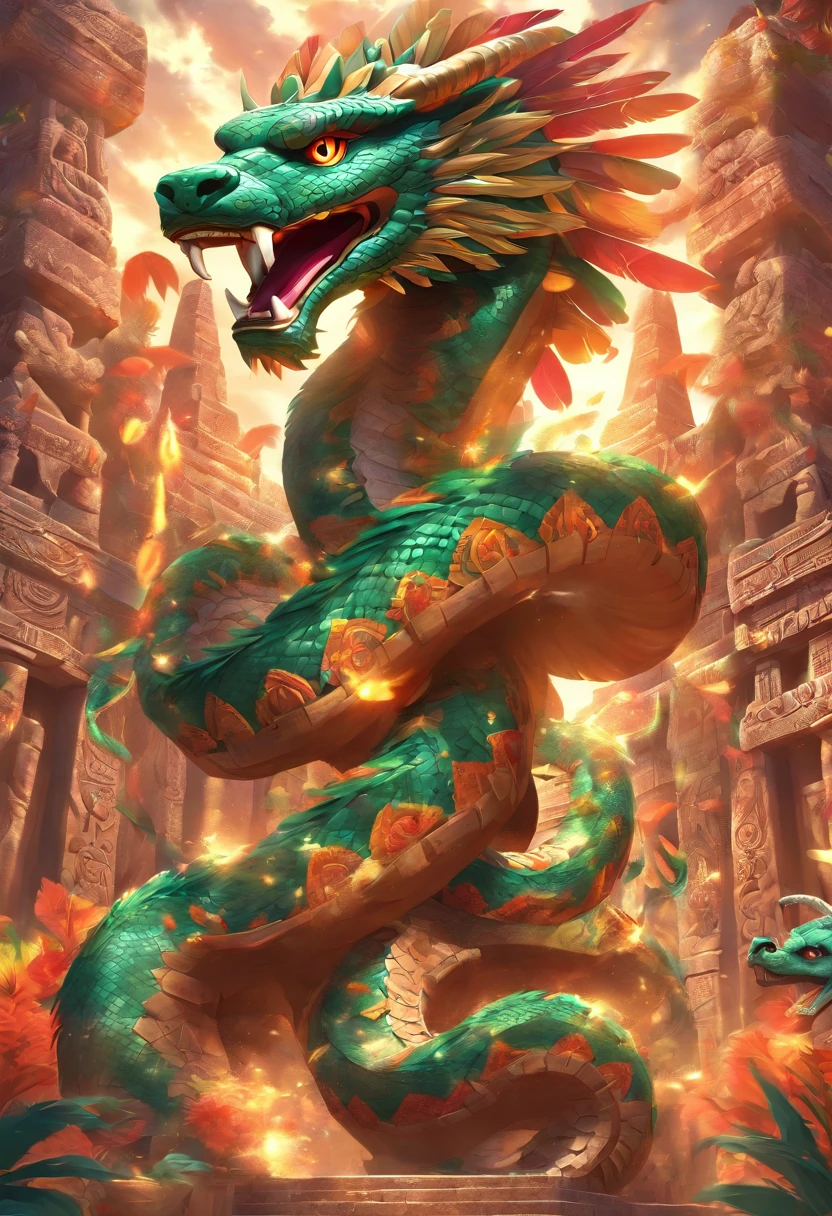 (((Feathered Serpent)))best quality, ultra-high resolution, 4K detailed CG, master piece, Kukulcan, Mayan God, serpent, feathers, Mayan clothing, Mayan mythology, desert, sunlight, ((colorful feathers)) Mexico, aesthetics, Beautiful image, centered on the screen