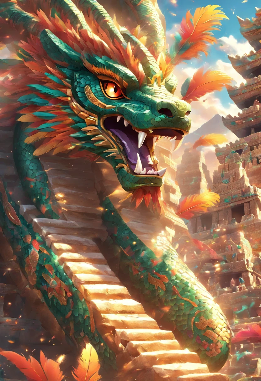 (((Feathered Serpent)))best quality, ultra-high resolution, 4K detailed CG, master piece, Kukulcan, Mayan God, serpent, feathers, Mayan clothing, Mayan mythology, desert, sunlight, ((colorful feathers)) Mexico, aesthetics, Beautiful image, centered on the screen