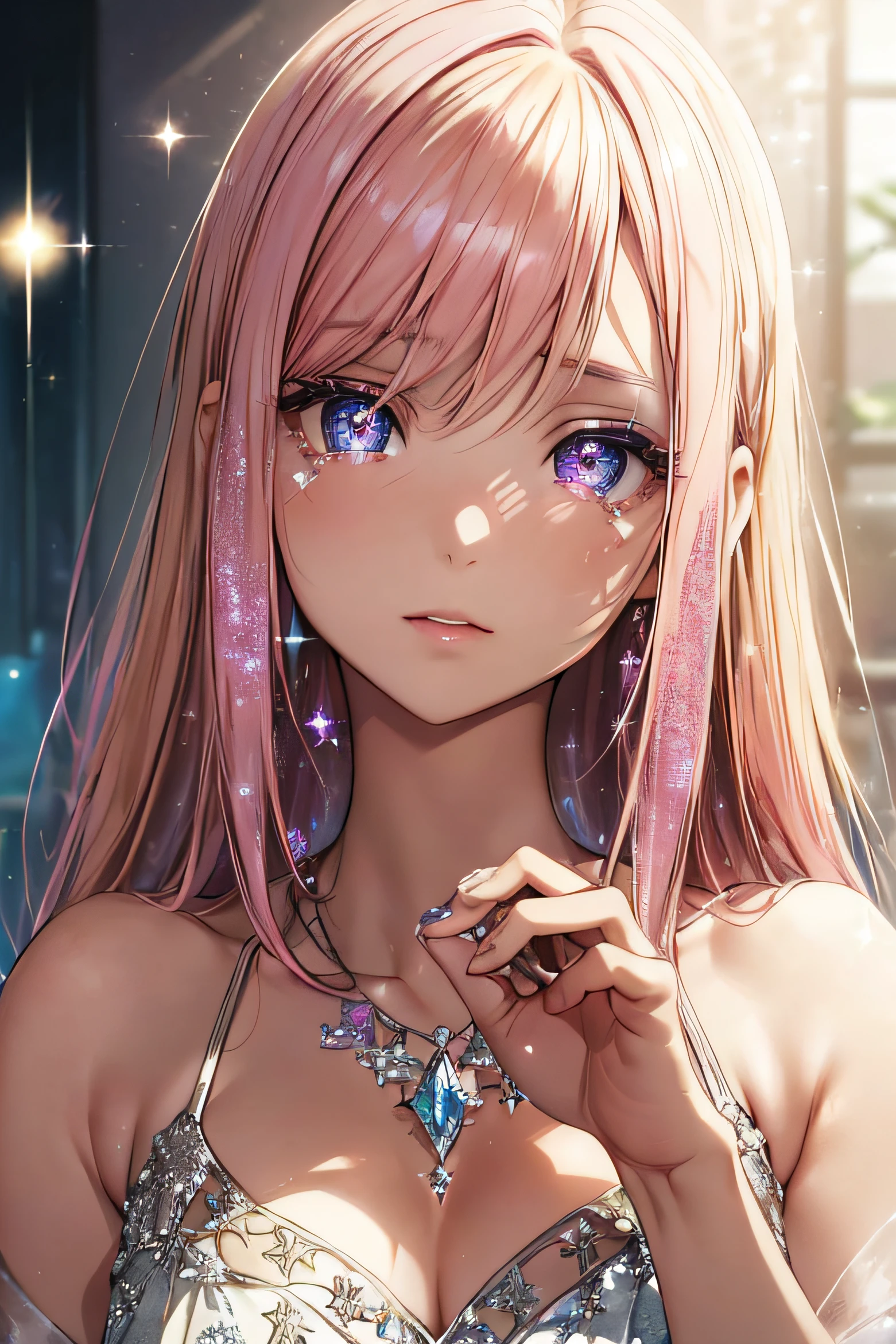 (masterpiece),best quality,depth of field,glass shards,simple background,1girl,solo,hand by Guido Daniele,looking at viewer,((reaching out)),open hand,tears, upper body,((straight-on)),(Blonde and Pink Hair), deep Purple Clear Eyes,((Beautiful, detailed eyes, jewel-like eyes, sparkling eyes:1.3)),