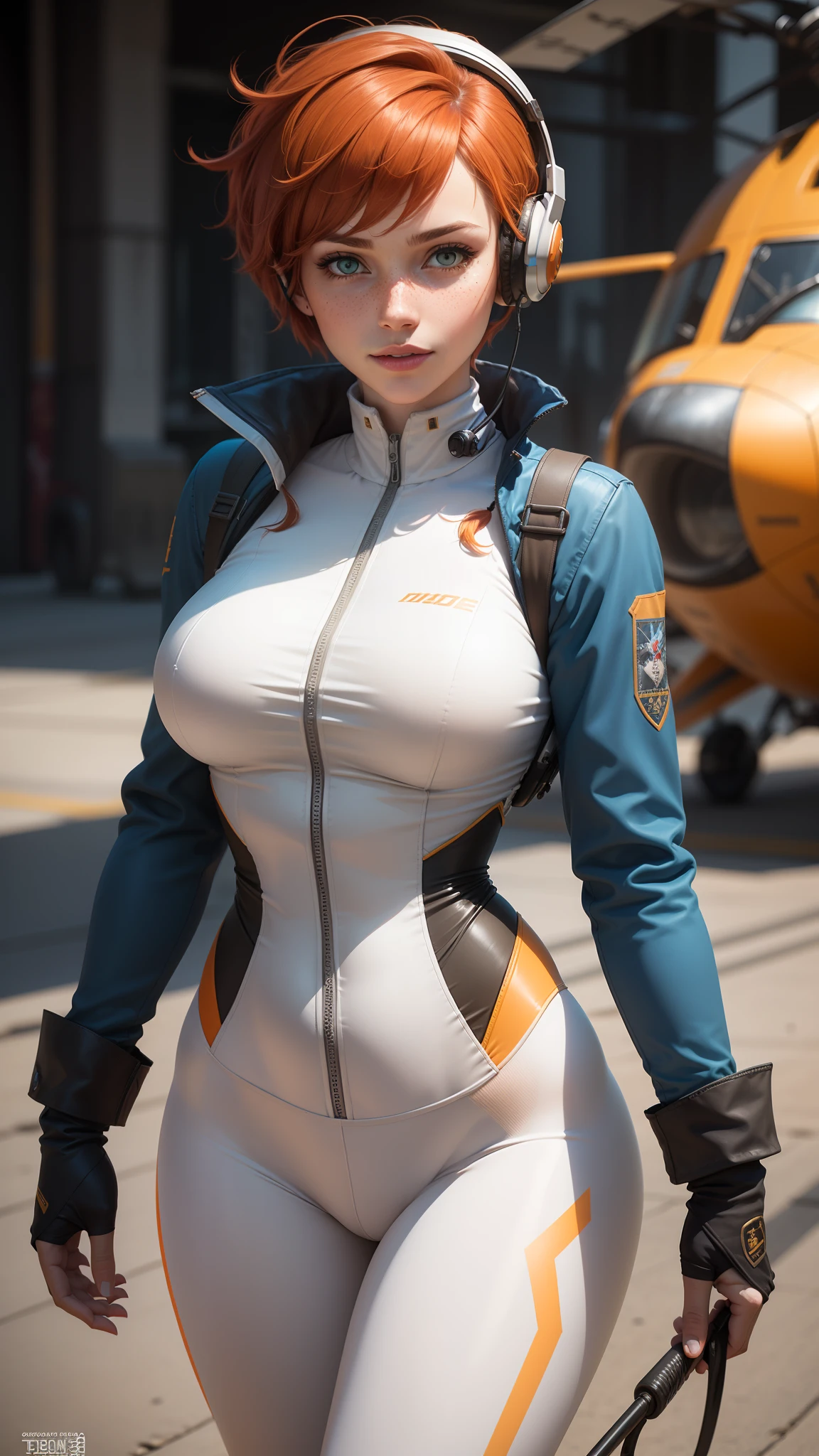 gwen tennyson,1girl,tracer,elsa,rebecca chambers,overwatch,gundam,close up,mecha pilot,aircraft carrier,white and rose cleaving plugsuit,hair pin,cleaving pirate corset, white long sleeve lycra top,orange leggings,short hair,cute makeup,green eyes,orange and blue hair,shy, freckles,redhead,beautiful girl, medium cleaved breasts, (saggy breasts),ultra detailed,realistic,fantasy art, gaming headset, pilot jacket,helicopter, (perky nipples), (((wide cameltoe view:1.2))), ((large muscular bulging hips)), ((cleavage)), ((thin waist)), ((perfect body)), (((ashamed, blushing))), (((detailed sweaty skin))), ((torso view)), (((exposed bulges))), (((groped by men:1.4))), (((strangulated:1.4)))