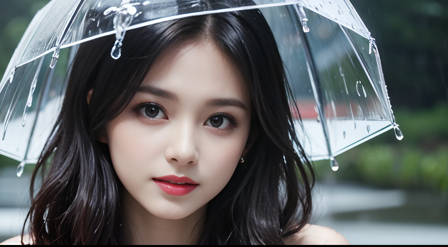 (Best quality, 4k, Masterpiece :1.3), pretty woman, 1girl, (breasts, attractive body :1.2), abs :1.1, dark brown hair: 1.1, (rainy wet, wet from rain, wet body :1.2), ultra-detailed face, detailed lips, detailed eyes, double eyelid