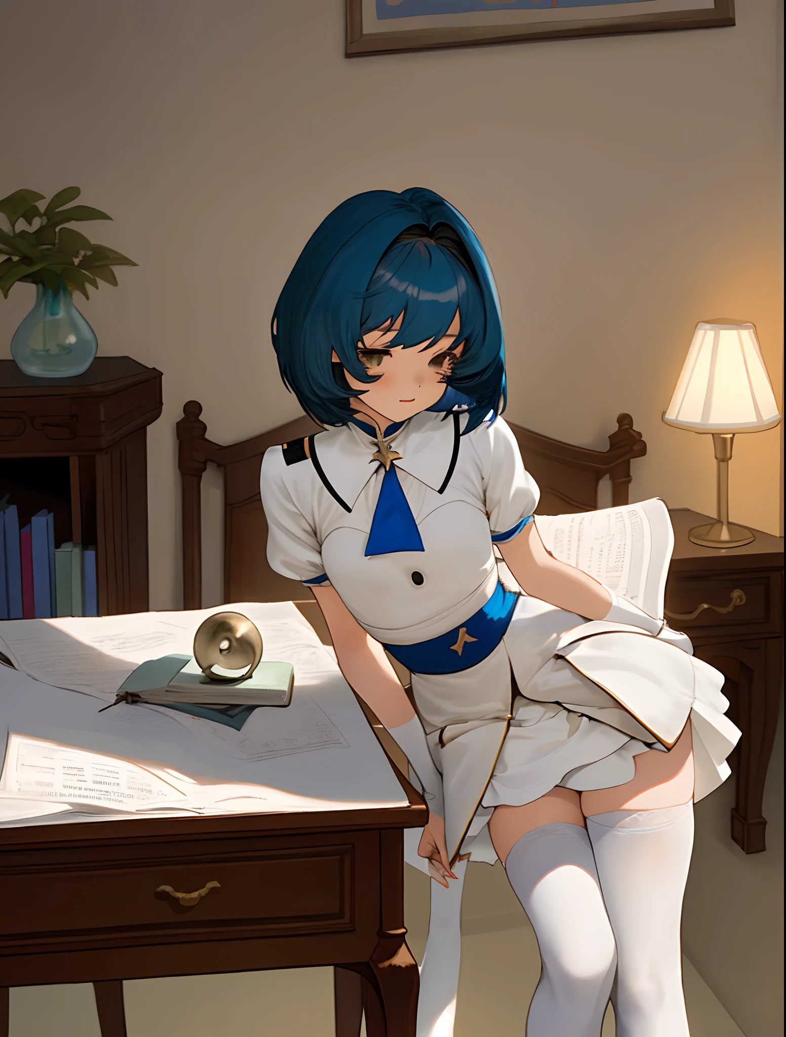 blue hair,girl,quadratic element,short detailed hair,shairband,white stockings,sittinng on the desk,Bedrooms