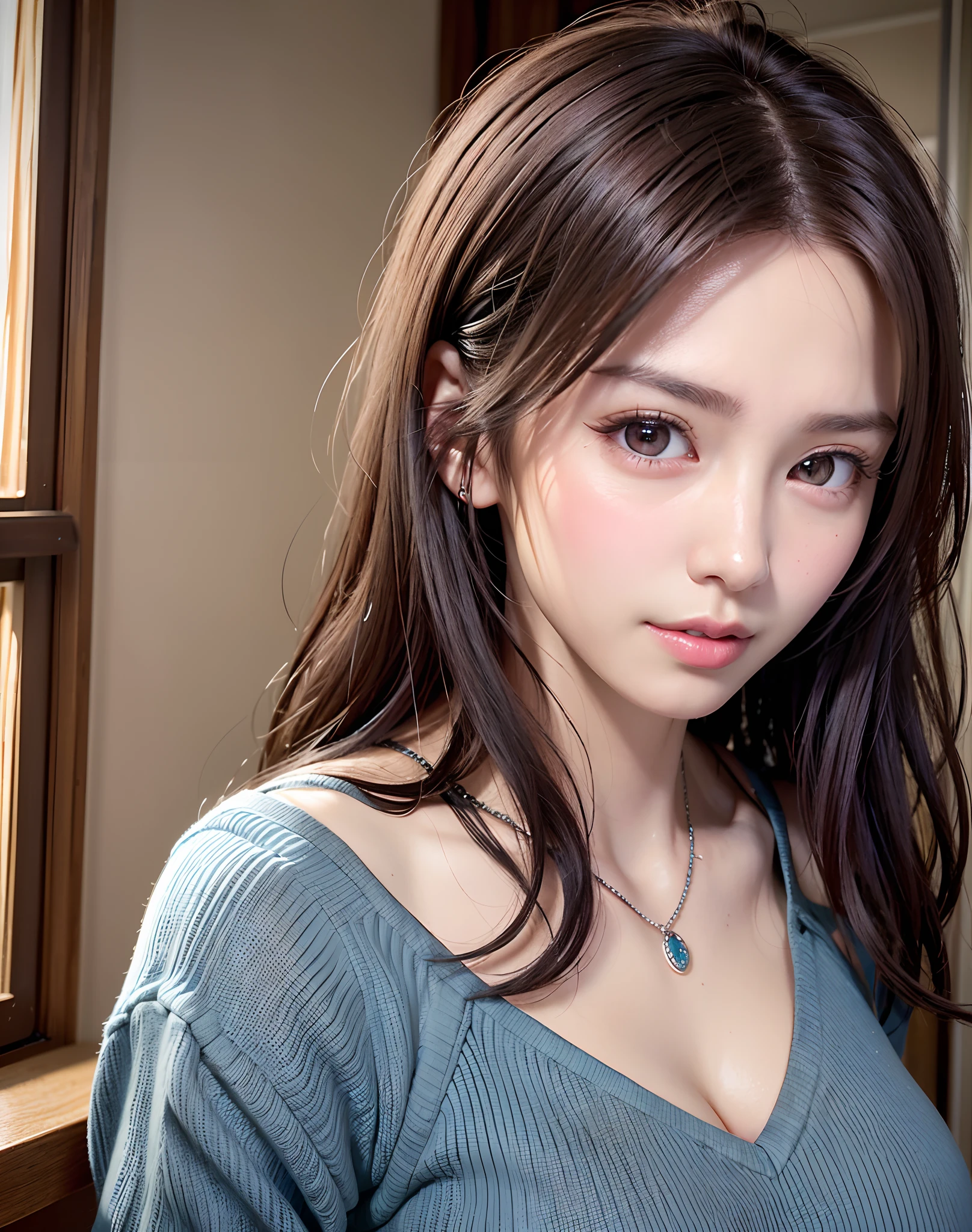 (in 8K, top-quality, masterpiece:1.2), (realisitic, Photorealsitic:1.37), ultra-detailliert, Natural sunlight, mideum breasts, I can see the cleavage, 1 persons, 25 year old woman, Dark hair, Pendants, Torn shorts, Light Knit V-Neck Shirt, At the time of performance, extremely detailed face and skin, A detailed eye, extremely detailed face and skin