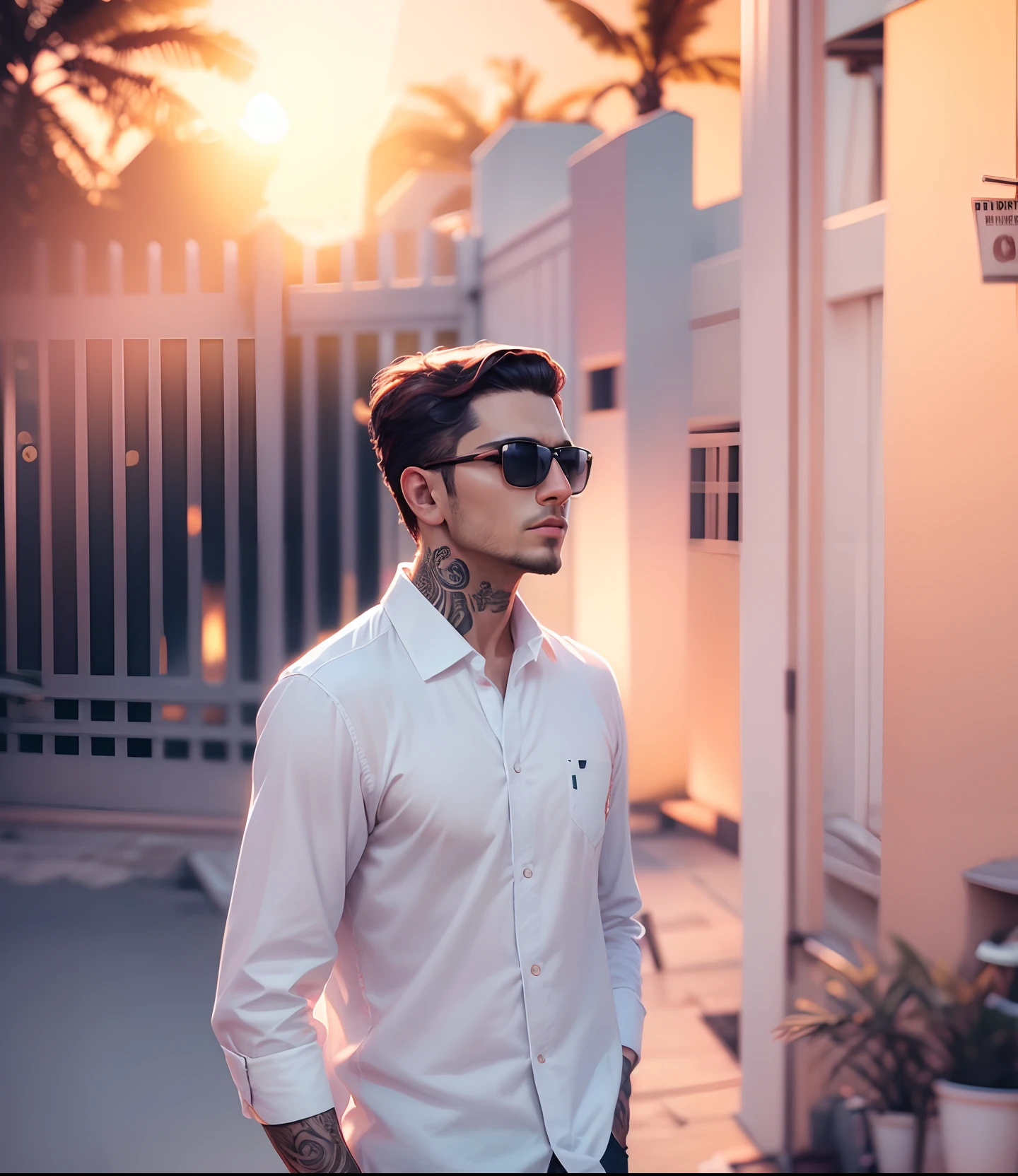 Change background, look handsome, change sunglass, in sunset moment, realistic, ultra realistic, tatto on hand, 8k
