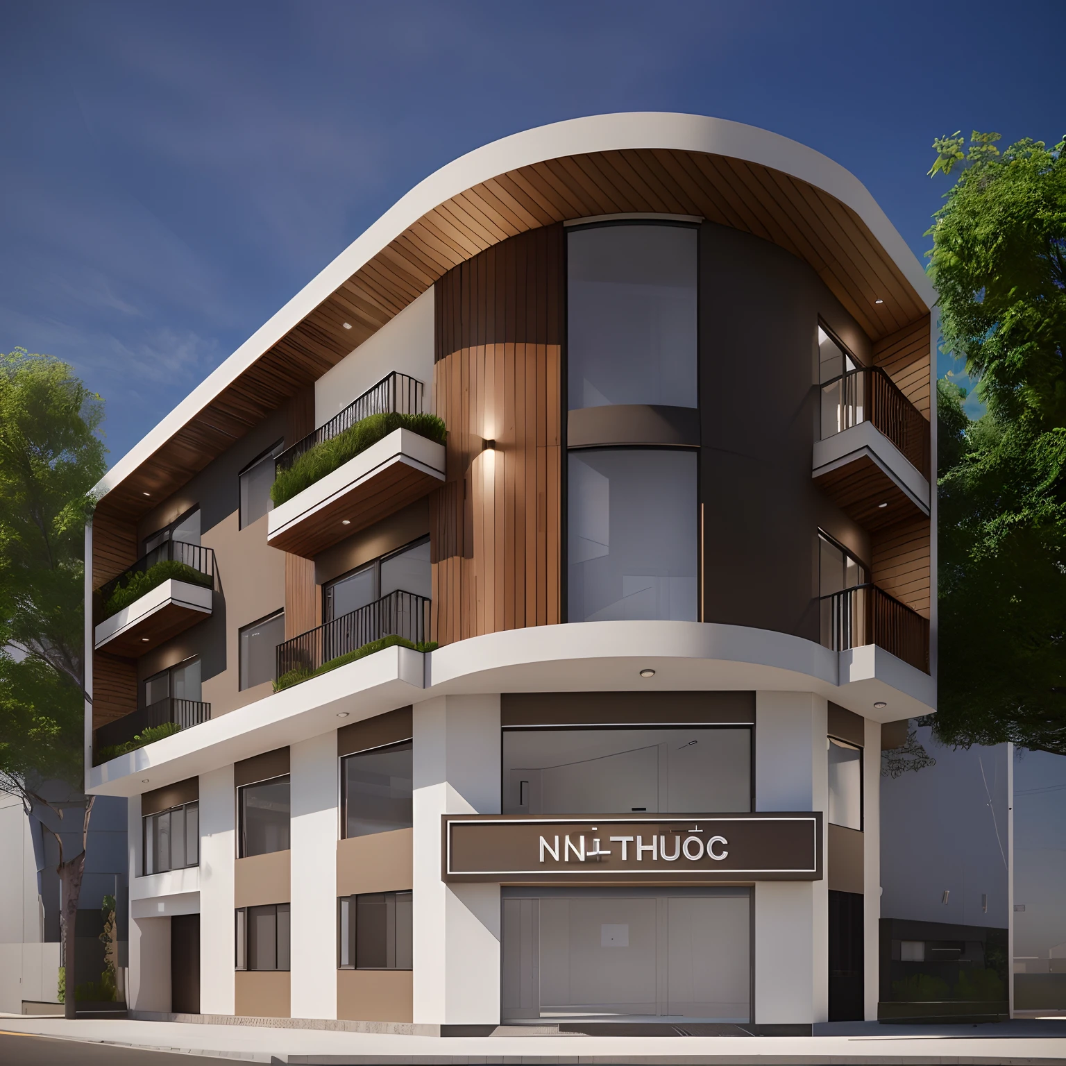 rendering of a modern building with a sign on the front, wide angle exterior 2022, mid-view, 3 d render n - 9, high render, front-view, arhitectural shot, frontview, high-quality render, building facing, rendered in vray, phuoc quan, architectural 3 d render, 3 d vray render
