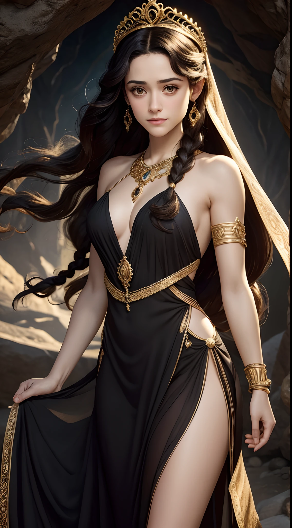 Emmy Rossum as a MYTHOLOGICAL ELFA in a long black dress with side slits (Tecido transparente) , coxas expostas, tiara dourada, braceletes de ouro, brincos de argola de ouro, gargantilha de ouro, Plaits Hair (Plaits Hair), ORELHAS DE ELFO, facial expression of tenderness, look-at-camera, Athletic Curvilinear Body - Dark Cave, suspense, Enigmatic image.