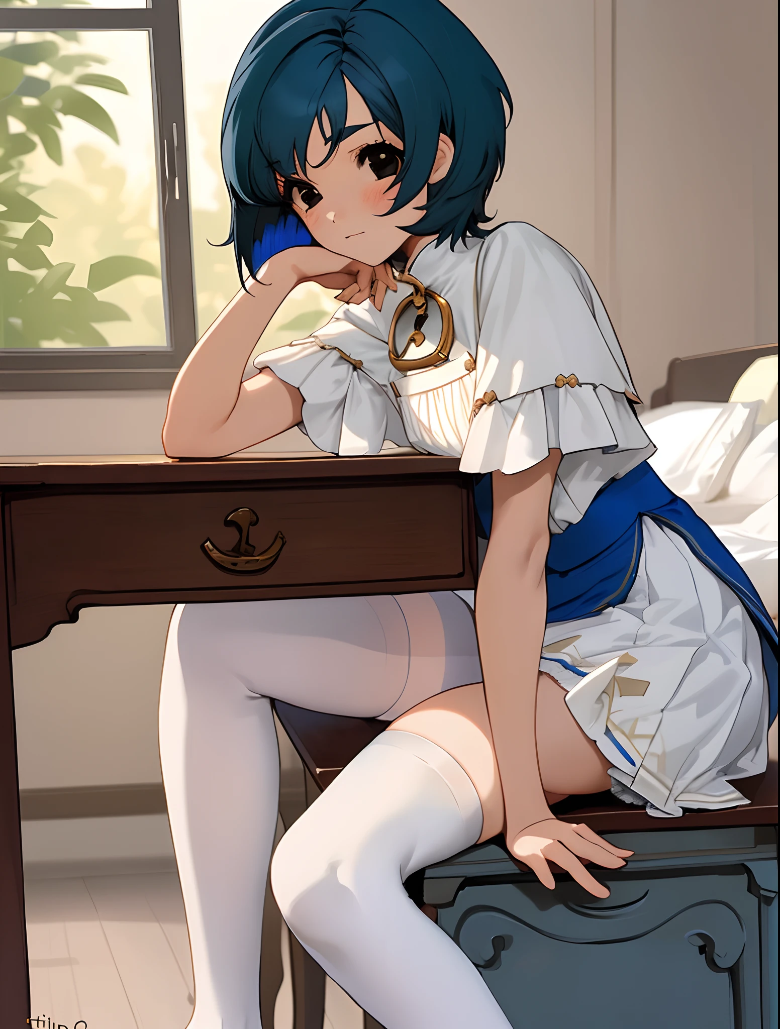 blue hair,girl,quadratic element,short detailed hair,shairband,white stockings,sittinng on the desk,Bedrooms