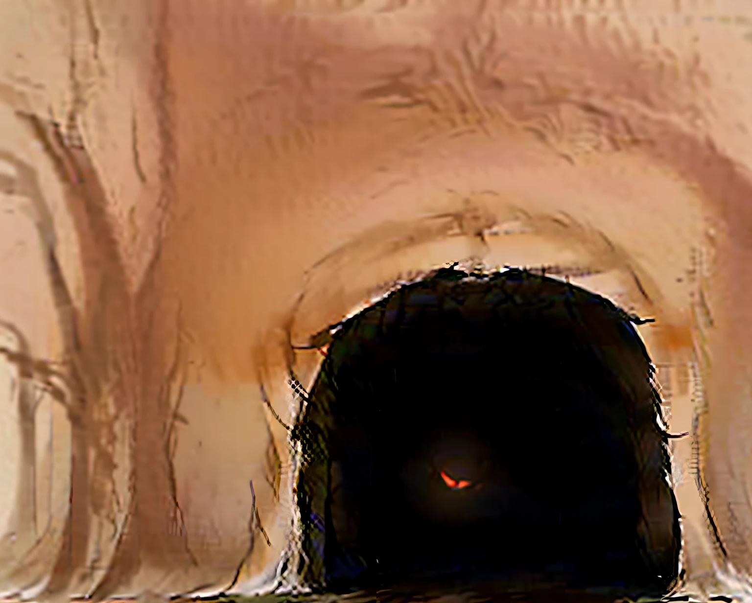 See a mysterious cave, very dark cave, Some glowing eyes in the dark, A creepy cave,A very large cave, Cave, mythical gigantic space cavern