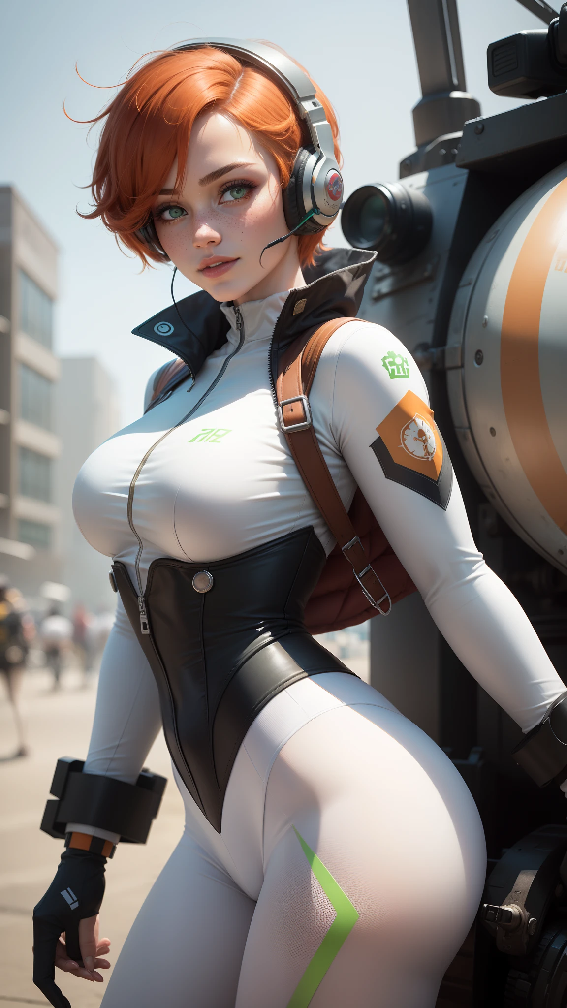 gwen tennyson,1girl,tracer,elsa,rebecca chambers,overwatch,gundam,close up,mecha pilot,aircraft carrier deck,white and blue plugsuit,hair pin,pirate corset, white long sleeve lycra top,orange leggings,short hair,cute makeup,green eyes,orange hair with green highlights,shy smile, freckles,redhead,beautiful girl,large breasts,ultra detailed,realistic,fantasy art, gaming headset,pilot jacket,helicopter,