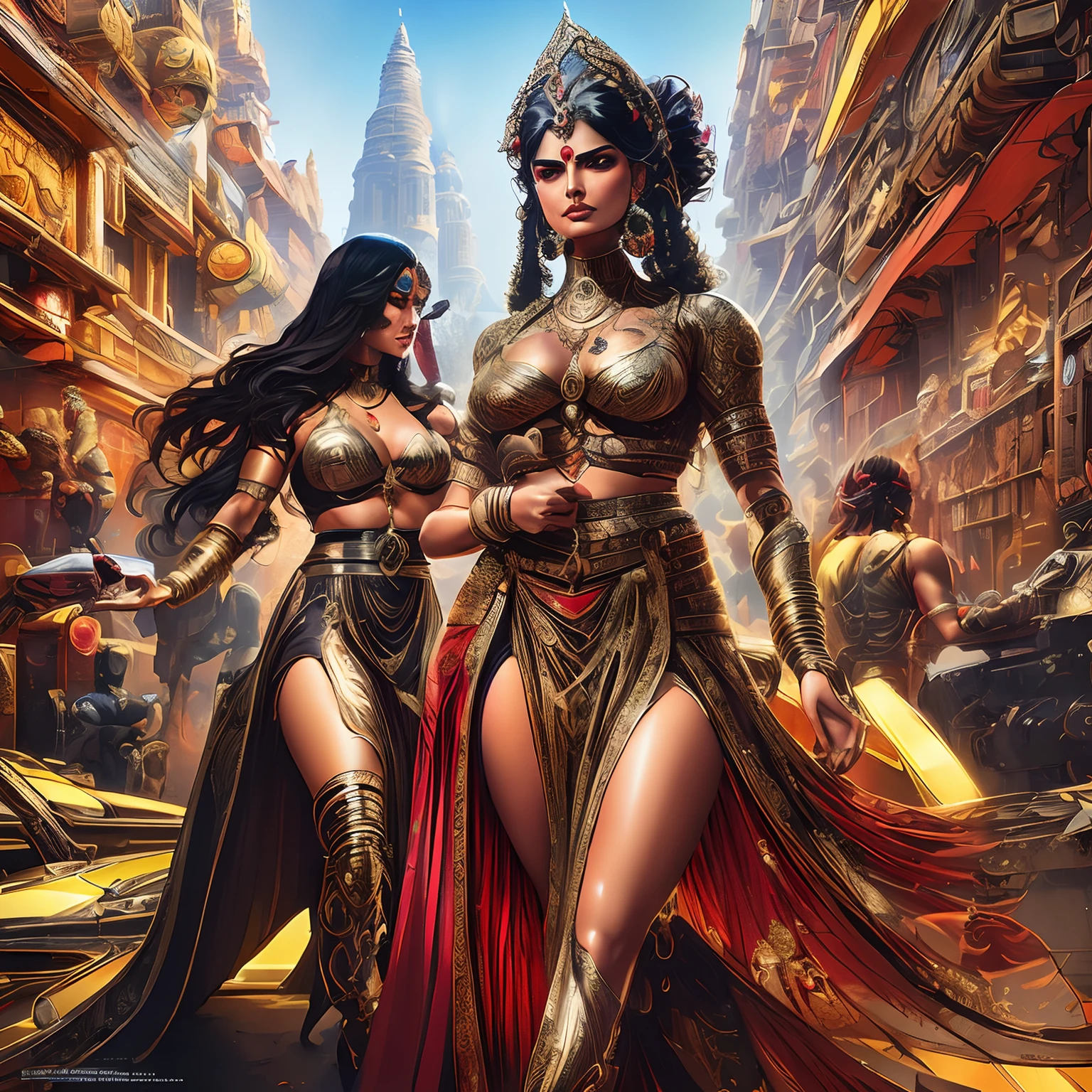 (Manga cover:), pen drawing style, HD 8K, rich plot, intricate background, rich details of the characters, Dragon Ball imagery, high-level perspective, neon night scene, rich atmosphere, summer noon, strong three-dimensionality, vivid character expressions, vivid character shapes, perfect scene details, and the overall style is strong and vibrant.futuristic indigenous futurism,actress priyanka chopra as An advanced cybernetic cyborg indian Hindu goddesses of war, sensuality,artistic details,cyberpunk hindu mythology,epic sci-fi fantasy, centered,in the style of Nick Alm fantastical futuristic fantasy compositions, dark prism, dark, metallic compositions, symmetrical arrangements, iridescent metallic colors , distinctive noses, ethereal,blood splatter colorful, eye-catching metallic compositions, symmetrical geometry, distinctive noses, gothic references, with a bold lines and streaks of black,white,red, gold and silver, fantasy sci-fi art, a detailed painting, ,Alex Alemany merge Karol Bak