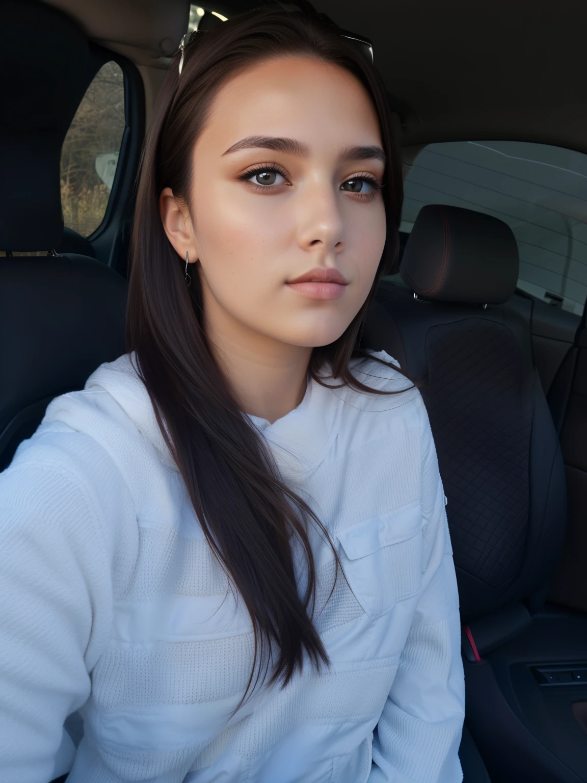 Girl in the car, Selfie in the car, handsome girl,brown eye, beautiful hair, super quality, 4k quality, white jacket