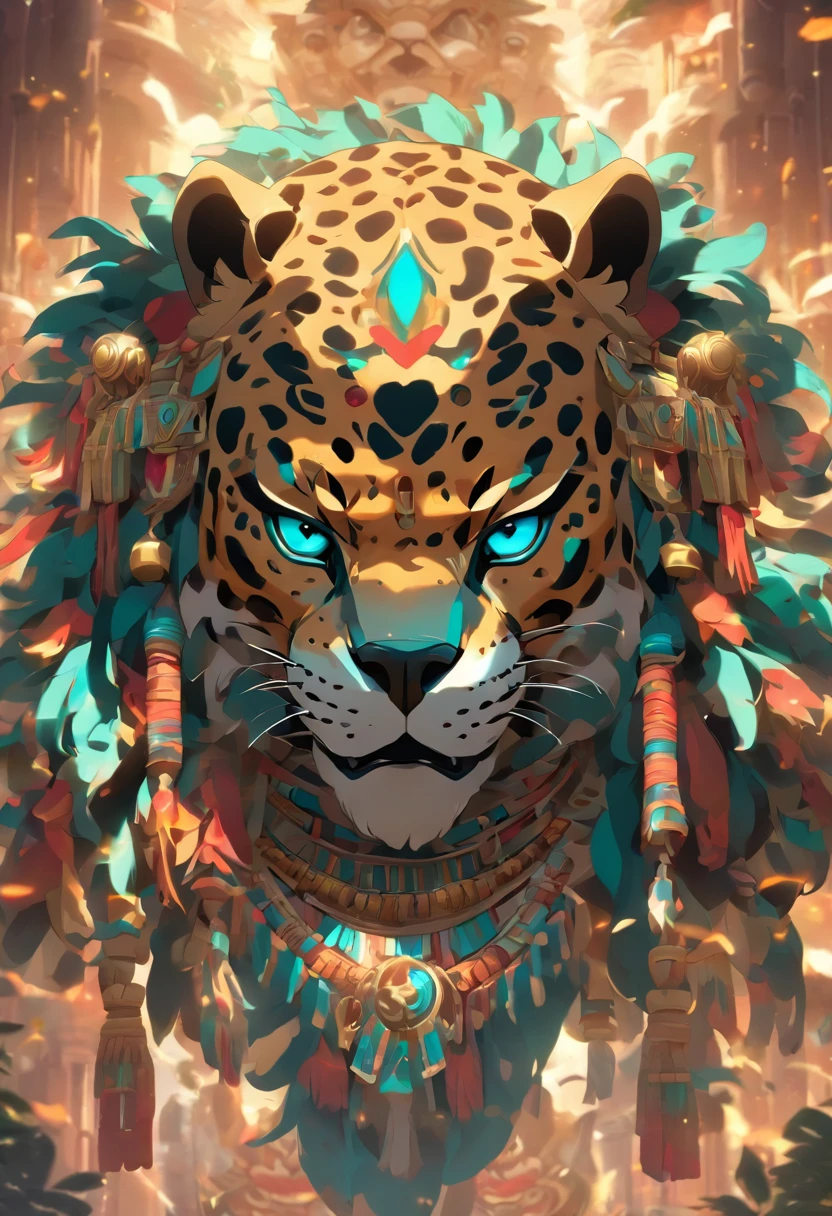 (((Jaguar head)))best quality, ultra-high resolution, 4K detailed CG, master piece, Tezcatlipoca, Mayan God, jaguar, mirror necklace, Mayan clothes, chest mirror, Mayan mythology, desert, smoke, ((humanoid body)) Mexico, aesthetics, Beautiful image, centered on the screen