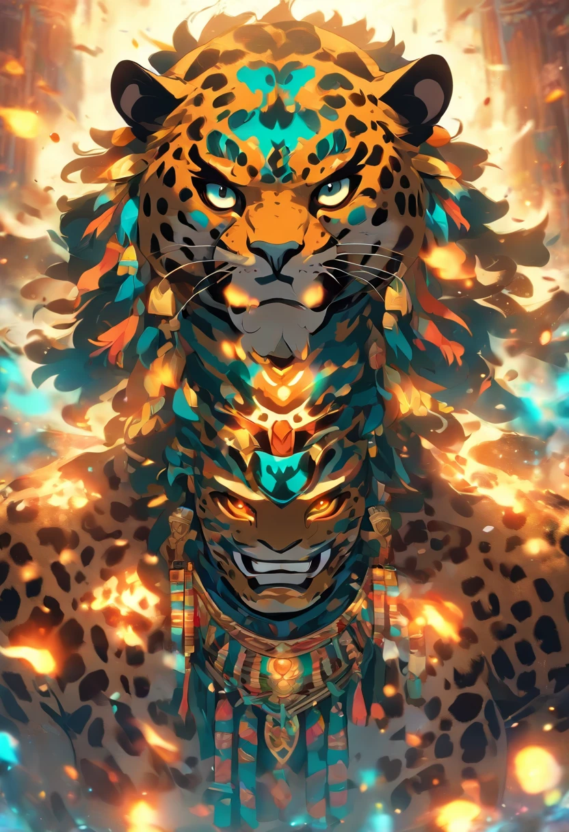 (((Jaguar head)))best quality, ultra-high resolution, 4K detailed CG, master piece, Tezcatlipoca, Mayan God, jaguar, mirror necklace, Mayan clothes, chest mirror, Mayan mythology, desert, smoke, ((humanoid body)) Mexico, aesthetics, Beautiful image, centered on the screen