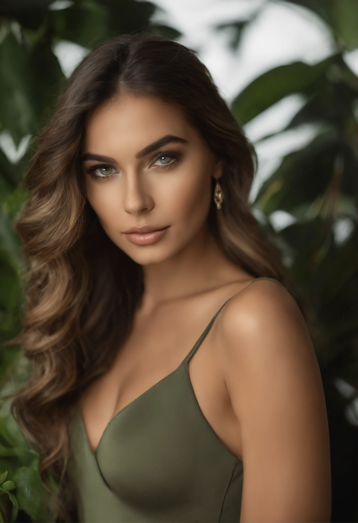 arafed black woman with a black bikini and a necklace on the beach, sexy girl with green eyes, portrait sophie mudd, brown hair and large eyes, picture of a young woman, bedroom eyes, violet myers, without makeup, natural makeup, looking directly at the camera, face with artgram, subtle makeup, piercing green eyes