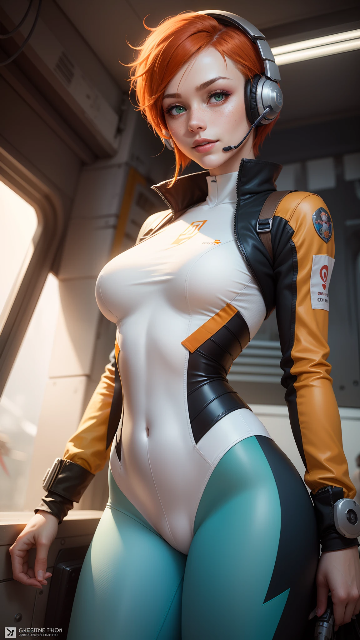 gwen tennyson,1girl,tracer,elsa,rebecca chambers,overwatch,gundam,close up,mecha pilot,aircraft carrier deck,white and blue plugsuit,hair pin,pirate corset, white long sleeve lycra top,orange leggings,short hair,cute makeup,green eyes,orange hair with aqua highlights,shy smile, freckles,redhead,beautiful girl,large breasts,ultra detailed,realistic,fantasy art, gaming headset,pilot jacket,helicopter,