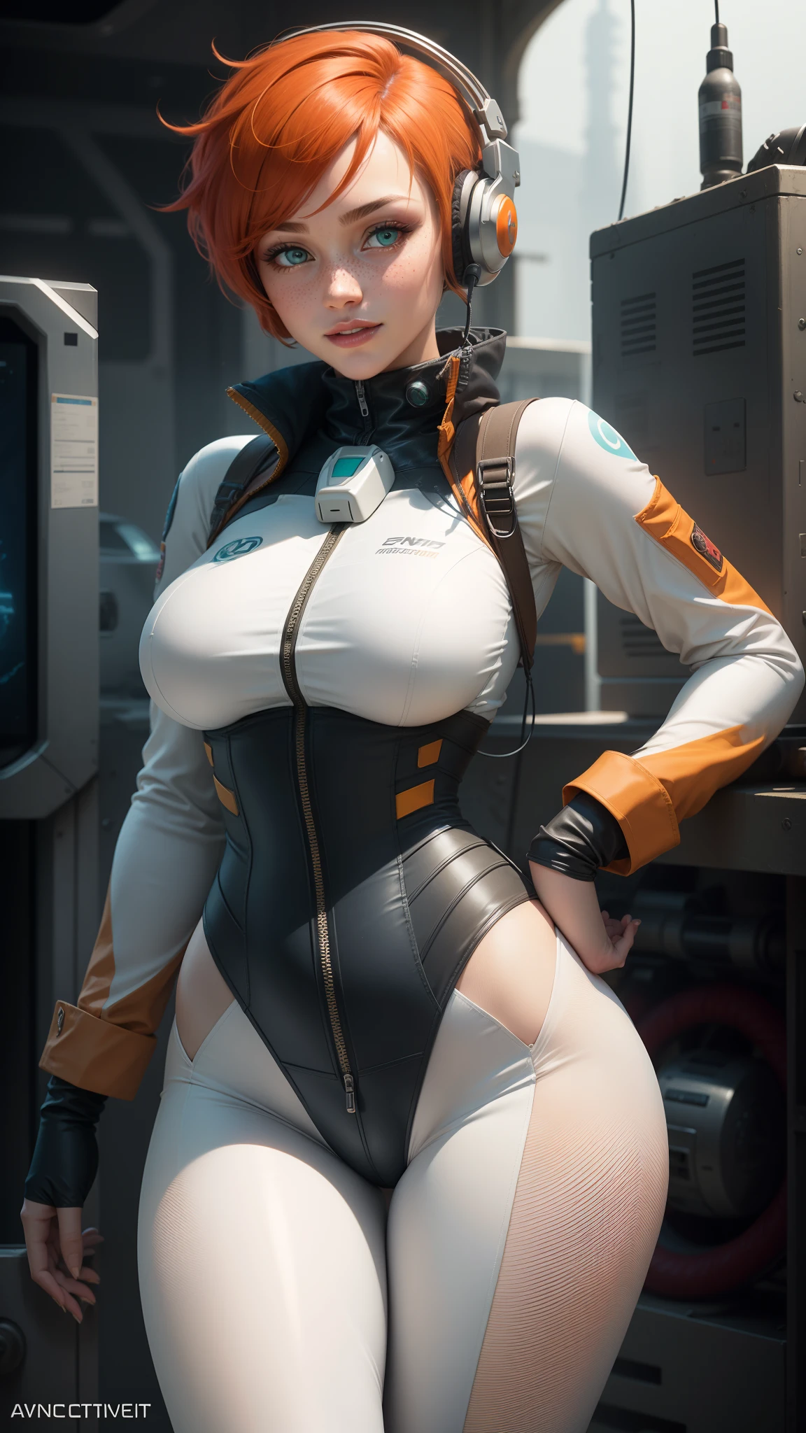 gwen tennyson,1girl,tracer,elsa,rebecca chambers,overwatch,gundam,close up,mecha pilot,aircraft carrier deck,white and blue plugsuit,hair pin,pirate corset, white long sleeve lycra top,orange leggings,short hair,cute makeup,green eyes,orange hair with aqua highlights,shy smile, freckles,redhead,beautiful girl,large breasts,ultra detailed,realistic,fantasy art, gaming headset,pilot jacket,helicopter,