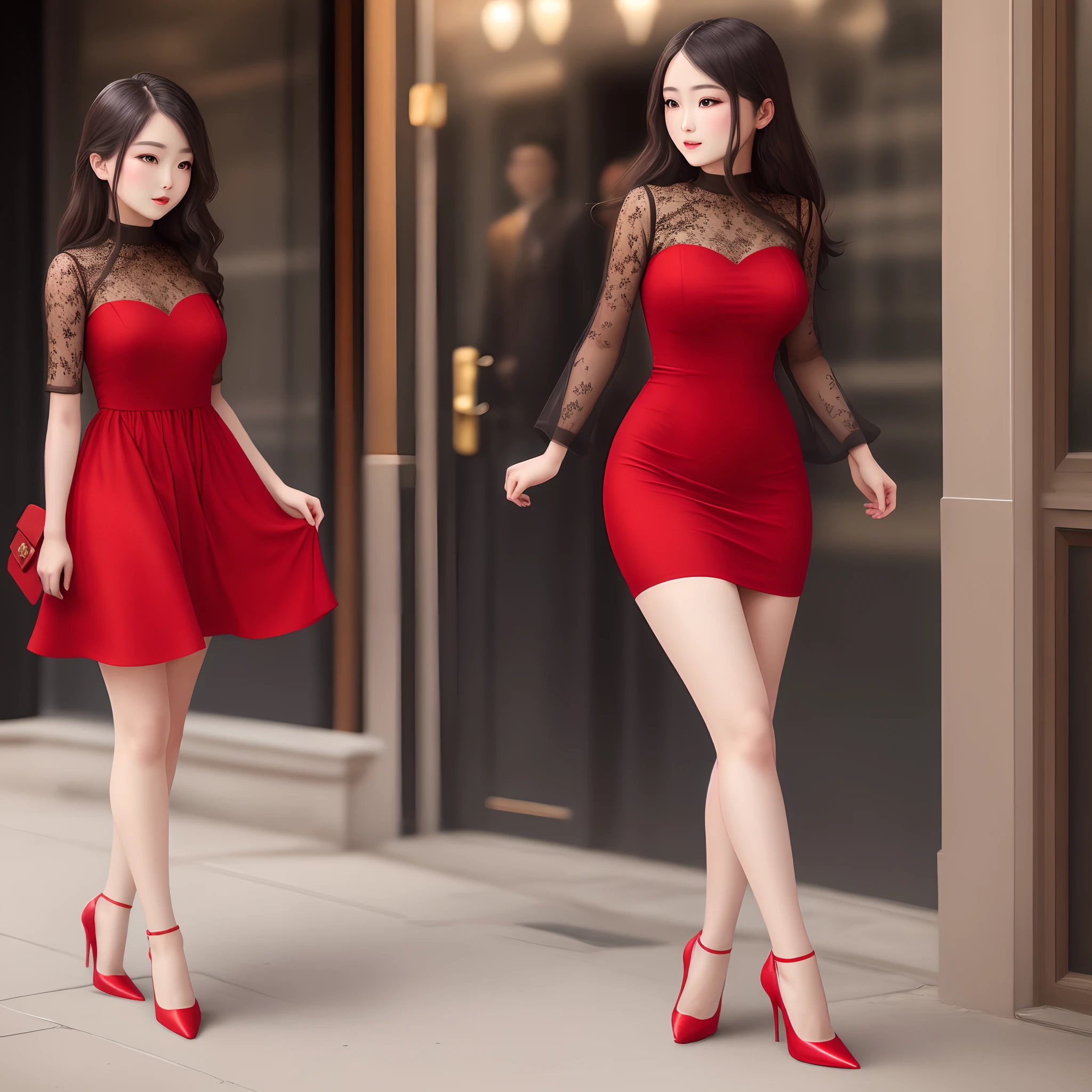 Red dress dress,red high heel pumps,goddes,s delicate face