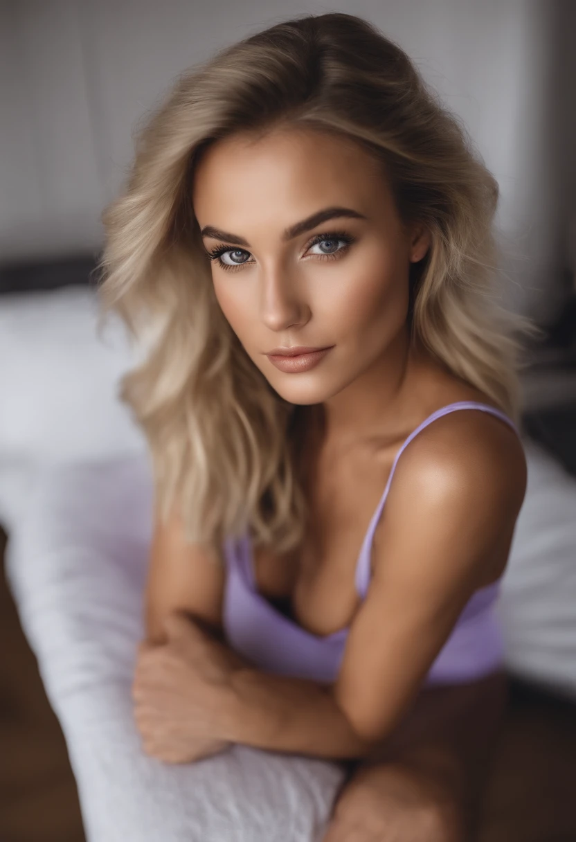 realistic naturel Arafed woman with matching tank top and panties, fille aux yeux bleus, femme blonde, yeux bleus, with a little acne,A very pretty 23-year-old girl, Top Model,,, selfie of a young woman, Violet Myers, sans maquillage, maquillage naturel, looking straight at camera, Visage avec Artgram, Maquillage subtil, Superbe photo du corps entier, clivage, on his bed