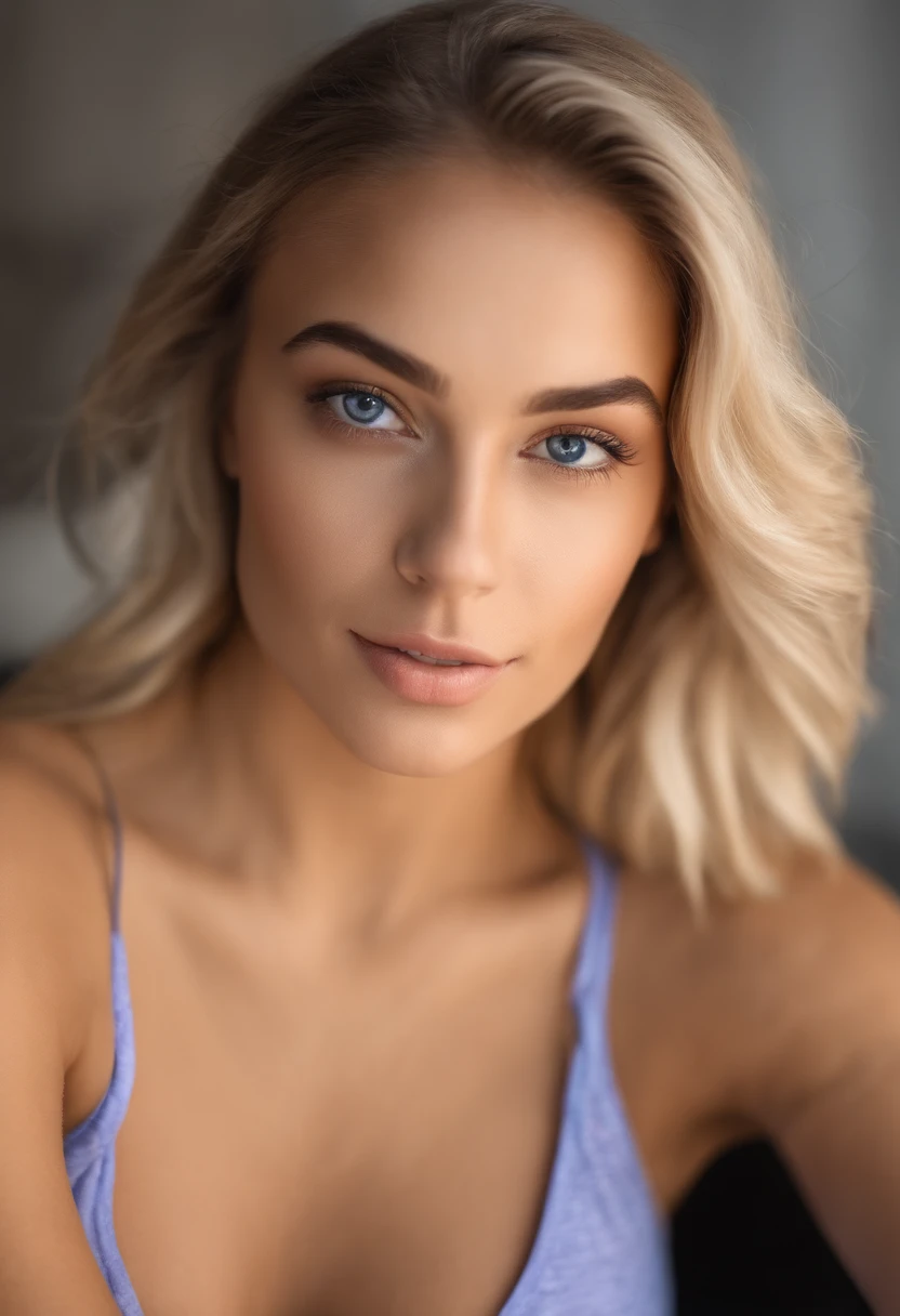 realistic naturel Arafed woman with matching tank top and panties, fille aux yeux bleus, femme blonde, yeux bleus, with a little acne,A very pretty 23-year-old girl, Top Model,,, selfie of a young woman, Violet Myers, sans maquillage, maquillage naturel, looking straight at camera, Visage avec Artgram, Maquillage subtil, Superbe photo du corps entier, clivage, on his bed