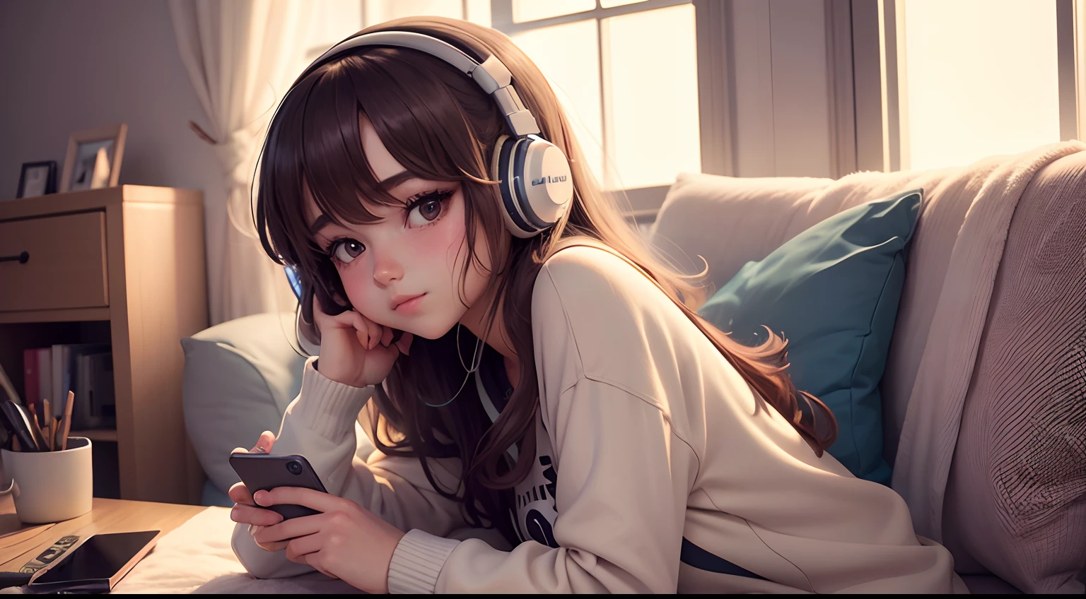 beautiful girl, , tiny dress, dark tights, listening to music in headphones, lyrics around her head, hyperrealistic, best quality, high resolution, 8k, HDR