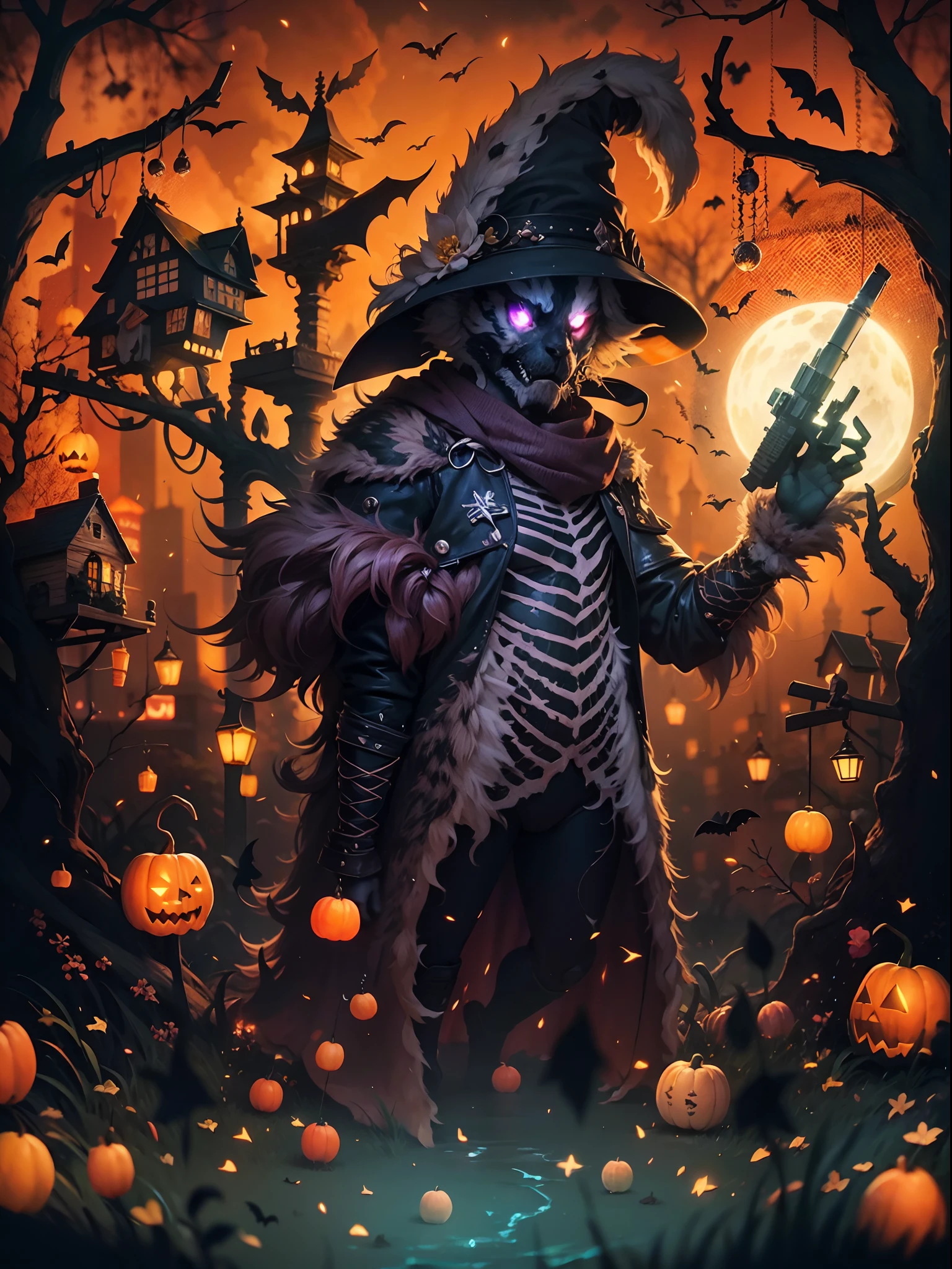 Silueta de un cazador en la ciudad de Yanan, transmitido por la sangre, ojos brillantes, T-shirt design, Dark Magic Splash, Gothic, halloween, degradado naranja quemado, magica, naturaleza, fondo limpio, Magic splash, arte vectorial 3D, fantasy art, Efecto acuarela, Bokeh, Adobe Illustrator, dibujado a mano, Pintura digital, Soft lighting, isometric style, retro aesthetic, 4k-resolution, usando Cinema 4D, natural lighting, Kinematic, obra maestra, Altamente detallado, intrincado, textura extrema, horror, Terry Fassing, horripilante, asustadizo