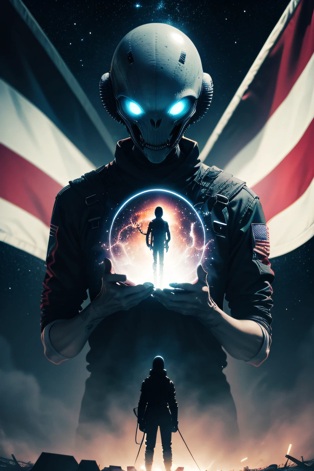 An alien (from the horror movie) holding flag texted " Alien-Tech Club " with a ufo, galaxy background