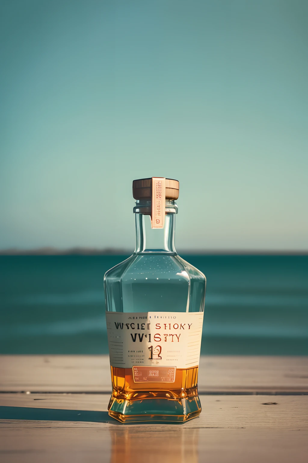 photo of a bottle of whiskey in the style of a Wes Anderson film. straight-on shot. pastel color pallet.