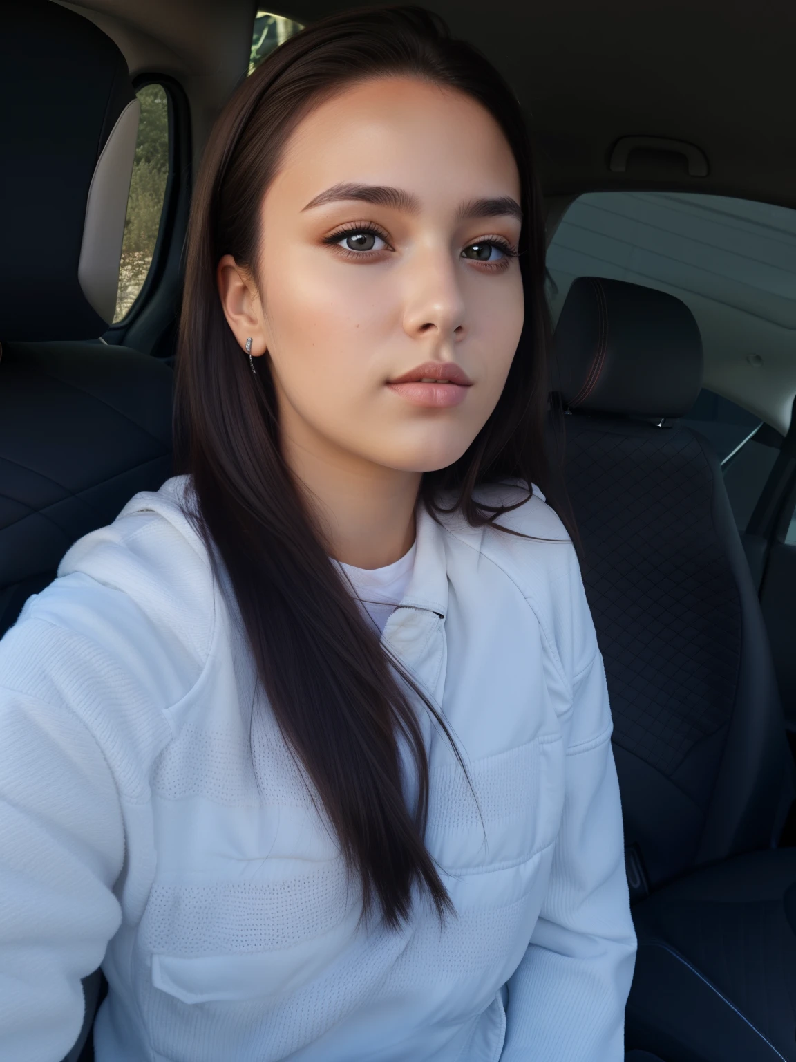 Girl in the car, Selfie in the car, handsome girl,brown eye, beautiful hair, super quality, 4k quality, white jacket