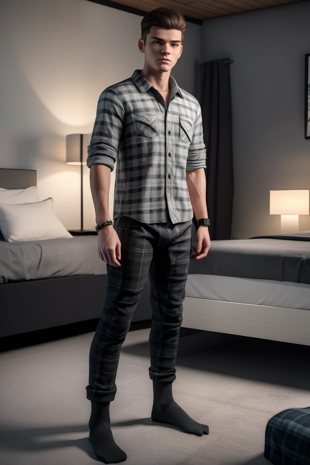 Teen male posing, ****, atmospheric, S.T.A.L.K.E.R style, 3d render, fog, chromatic aberration, sexy masculine square face, full body view, chainlet, tight gray white boxers, socks, focused on face, skinny body, pixar render, ((black plaid shirt)), bed