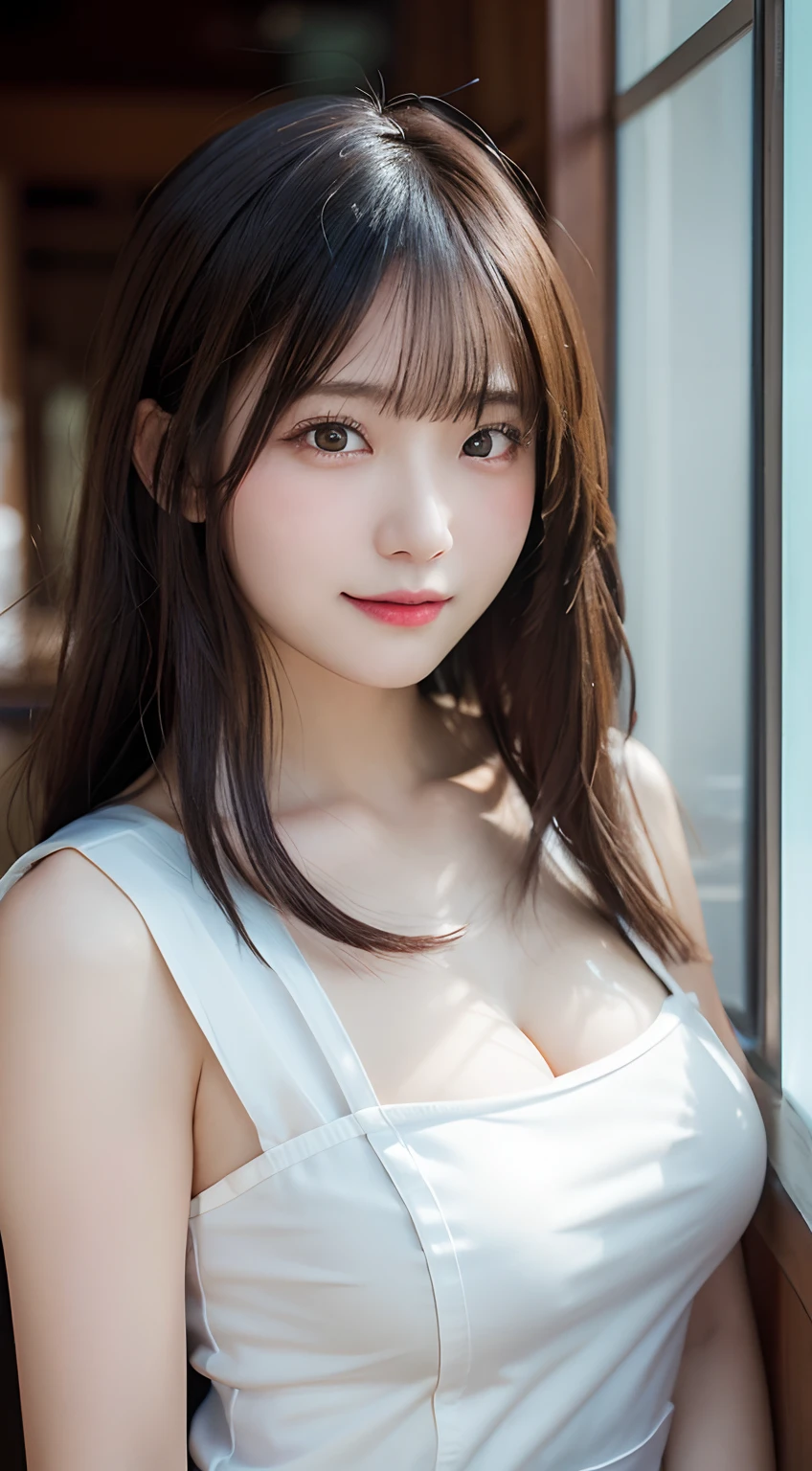 (highest quality,masterpiece:1.3,超A high resolution,),(Ultra-detailed,Caustics),(Photorealistic:1.4,RAW shooting,)Ultra-Realistic Capture,Very detailed,High resolution 16K human skin closeup。 Skin texture is natural、,Pores、It must be detailed enough to be easily identifiable.。 Skin should look healthy and have an even tone。 Use natural light and color,1 girl,Japanese,18-year-old,cute,Black-haired,Mid-length hair,(Large Breasts:1.4),smile,Turn your body forward,(View from the front:1.2),Looking into the camera,Ocean,focused on the chest:1.1,Chest close-up:1.1,underwear、sexy]