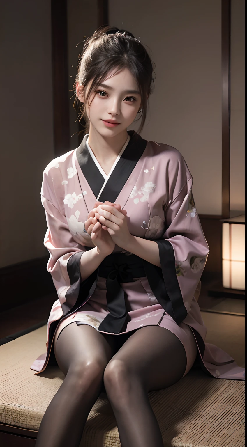 (Photorealsitic:1.4), (Top image quality:1.0), (超A high resolution:1.0), 8K, Raw photography, (​masterpiece:0.2), (pureerosface_v1:0.5)、(Best Quality Detail:1.2)、realisitic、8K UHD、hight resolution、(1girl in:1.2)、The ultra-detailliert、High quality textures、intricate detailes、detaileds、Very detailed CG、High quality shadows、Detail Beautiful delicate face、Detail Beautiful delicate eyes、depth of fields、Ray traching,1girl in, japanaese girl, Cute, slender, Black kimono, Kimono with Japanese pattern,Floral scrunchie, Beautiful skin, Facing the front,Sit down, Sit upright and say thank you,Align your hands elegantly,Smile faintly The Land of Japan,Japanese garden,Luxury Japanese-style room, skyporn, Magic Hour, (Realistic:1.3), Finely detailed, quality, (masutepiece:1.2), (Photorealistic:1.2), (Best Quality), (Intricate details), Dramatic, Ray tracing, photograph, +Lola