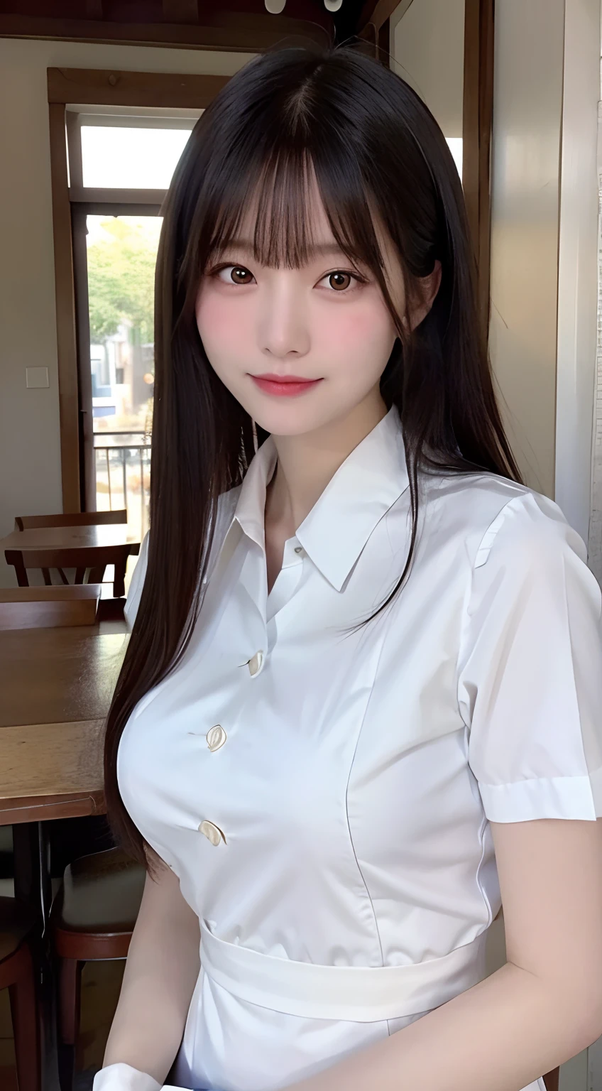 (top-quality,​masterpiece:1.3,超A high resolution,),(ultra-detailliert,Caustics),(Photorealsitic:1.4,RAW shooting,)Ultra-realistic capture,A highly detailed,High resolution 16K human skin closeup。 Skin texture is natural、,The pores are、Must be detailed enough to be easy to identify。 Skin should look healthy with even tones。 Use natural light and color,resturant,Waitress uniform,女の子1人,japanes,18year old,kawaii,A dark-haired,Middle hair,large boob,smil,Turn your body to the front,(front-facing view:1.1),Looking at the camera,cowboy  shot,Gaze,boob focused,close-up