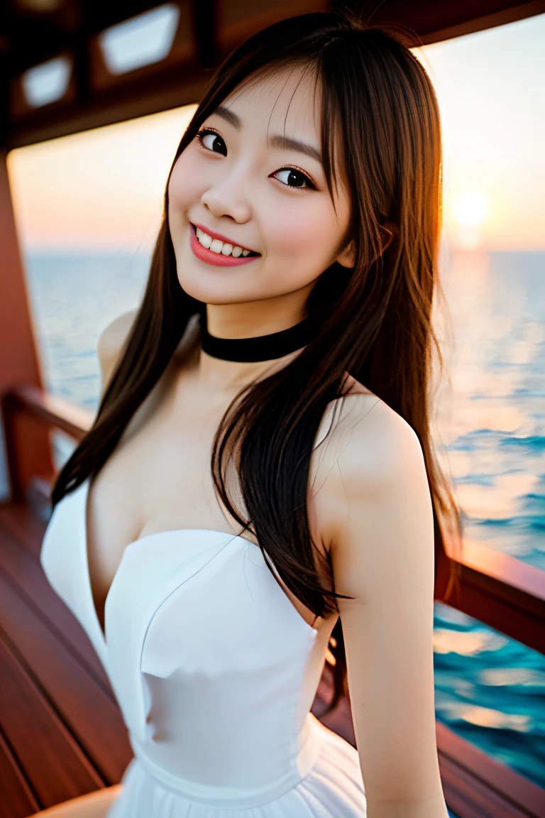 (((Draw only one woman: 2))), (Large cruiser sailing at sea)、(Beautiful Japan woman sitting on deck chair on deck)、(Beautiful magic hour sunset)、Beautiful woman in fashionable resort dress、(( 1screen))、4K, RAW shot, top quality photo, ​masterpiece, Nice realistic photos, ((Anatomically correct proportions : 1.5)), ((perfectly proportions)), beautiful woman like a Japanese actress, a small face、Detailed face, Detailed eyes, Narrow Nose, Detailed fingers, detailed arms, Detailed skin, Detailed legs, (((short torso:1.1 ))), (( Slim Style)), (Slender waist), ((Slender thighs: 1.2))), ((Colossal tits: 1.5)), Small beautiful ass, (shiny long hair)、happily laughing、Angle from the side、(Big breasts that are about to tear off the dress)、18-year-old beauty、a choker、耳Nipple Ring、A bracelet