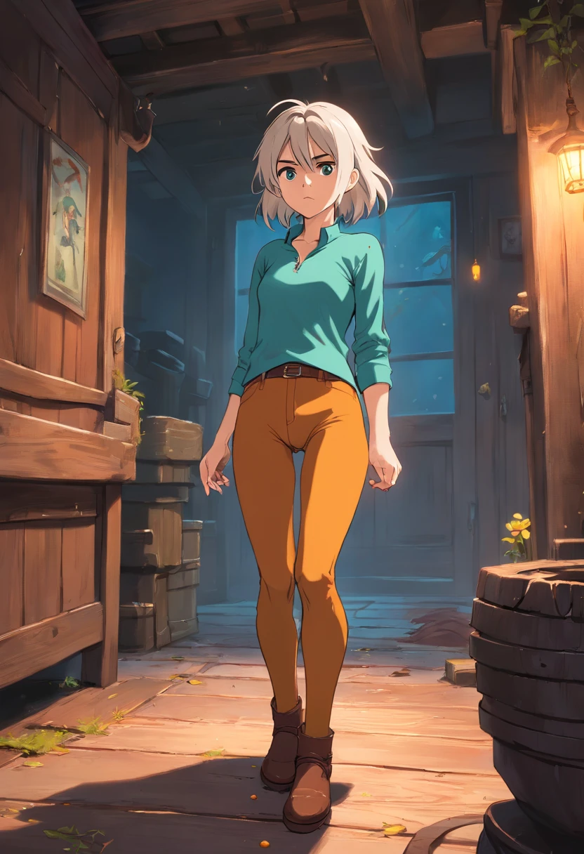 Attacked by monster,Ciri from The Witcher III the game, (((pee stain))), brown leggings, worried, embarrassed, (standing)(scared)