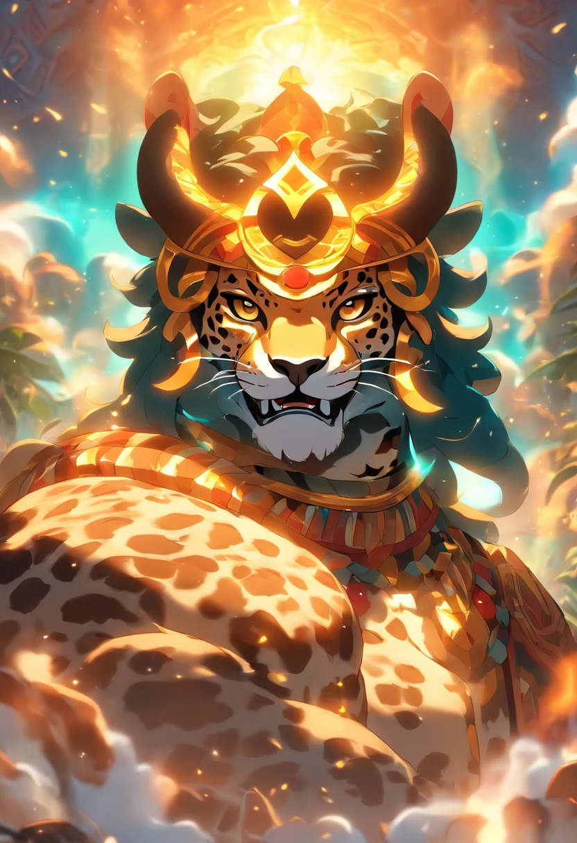 (((jaguar god)))best quality, ultra-high resolution, 4K detailed CG, master piece, Tezcatlipoca, Mayan God, jaguar, mirror necklace, Mayan clothes, chest mirror, Mayan mythology, desert, man, smoke ,((human body)) Mexico, aesthetics, Beautiful image, centered on the screen