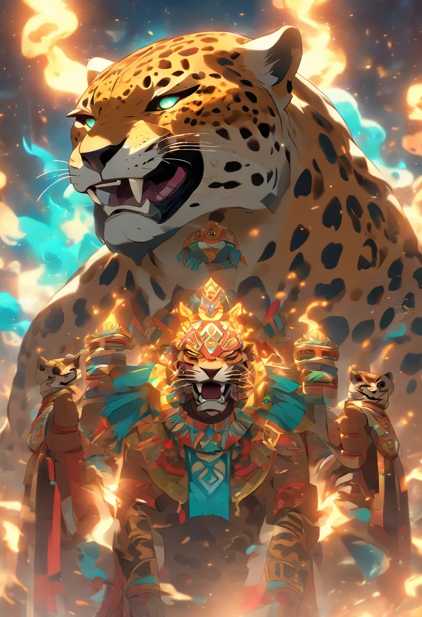 (((jaguar god)))best quality, ultra-high resolution, 4K detailed CG, master piece, Tezcatlipoca, Mayan God, jaguar, mirror necklace, Mayan clothes, chest mirror, Mayan mythology, desert, man, smoke ,((human body)) Mexico, aesthetics, Beautiful image, centered on the screen