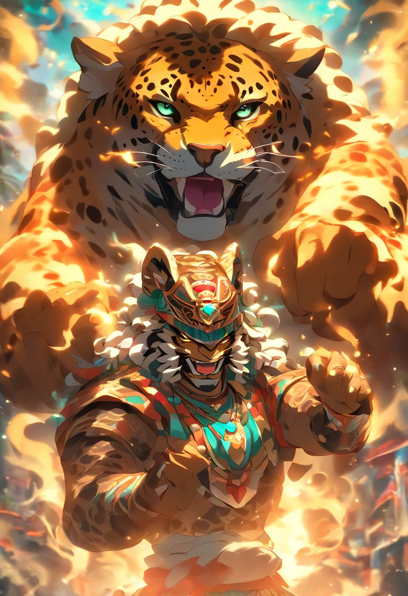 (((jaguar god)))best quality, ultra-high resolution, 4K detailed CG, master piece, Tezcatlipoca, Mayan God, jaguar, mirror necklace, Mayan clothes, chest mirror, Mayan mythology, desert, man, smoke ,((human body)) Mexico, aesthetics, Beautiful image, centered on the screen