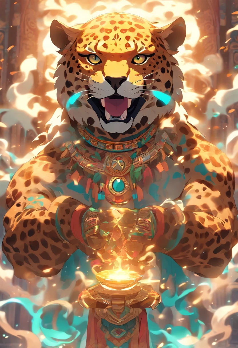 (((jaguar god)))best quality, ultra-high resolution, 4K detailed CG, master piece, Tezcatlipoca, Mayan God, jaguar, mirror necklace, Mayan clothes, chest mirror, Mayan mythology, desert, man, smoke ,((human body)) Mexico, aesthetics, Beautiful image, centered on the screen