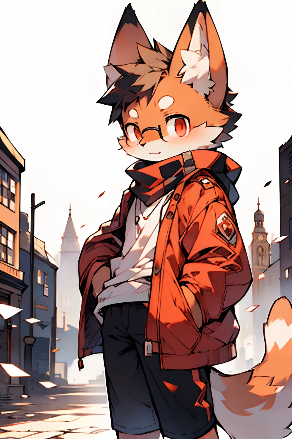 London in the twentieth century，Orange cat，Run alone，Light orange fur，Wear a white shirt，Black  shorts，Brown worn-out coat，Red scarf shirt，Red eyes，wearing black glasses，Handsome（A masterpiece）（high qulity）（Clear structure）（Clear lines）（Background of extreme detail）（extremelydetailedcharacter）